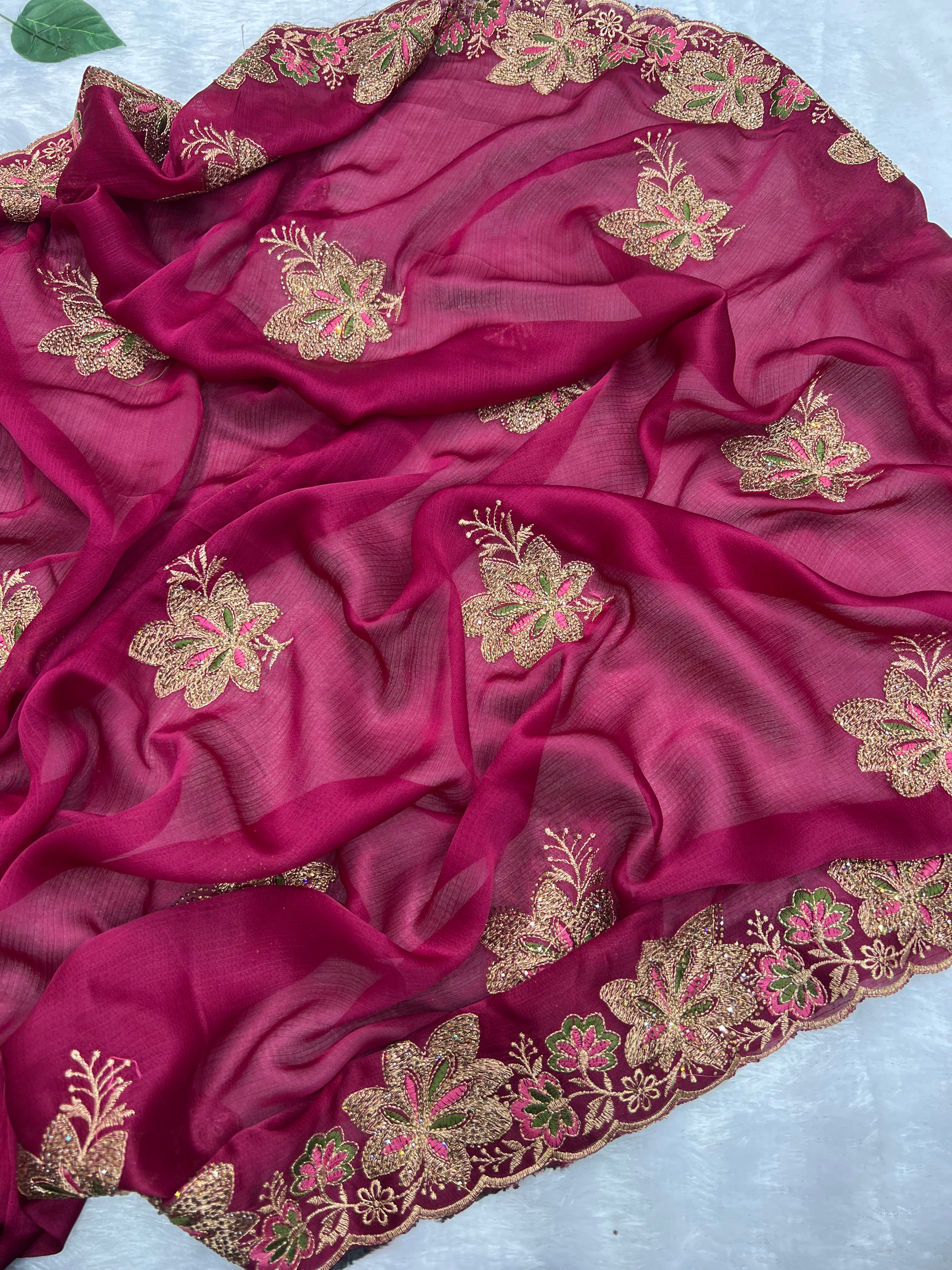 Amolika Sarees Wine Fancy Chiffon Saree With Heavy Embroidered Floral Border & Unstitched Blouse Piece