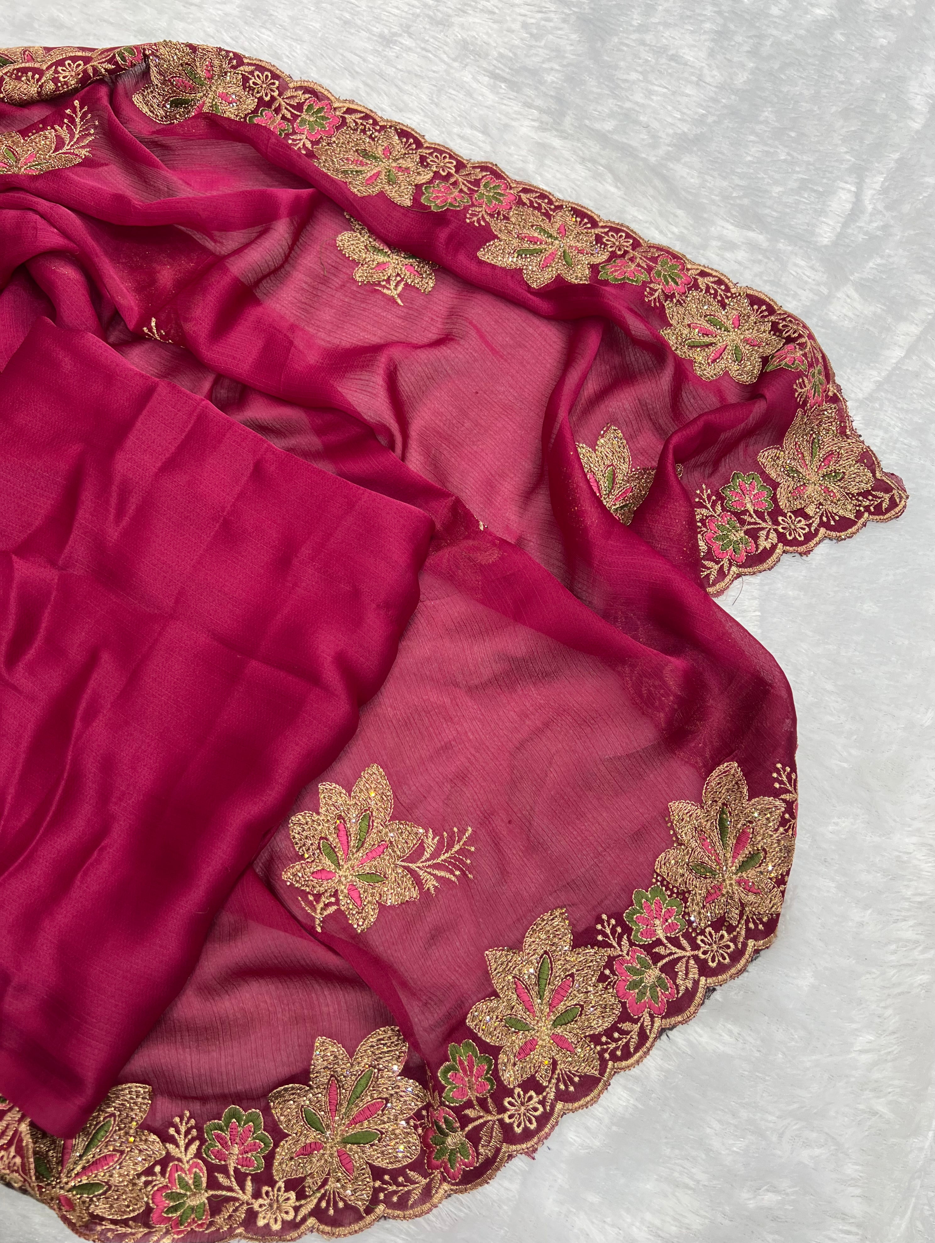 Amolika Sarees Wine Fancy Chiffon Saree With Heavy Embroidered Floral Border & Unstitched Blouse Piece