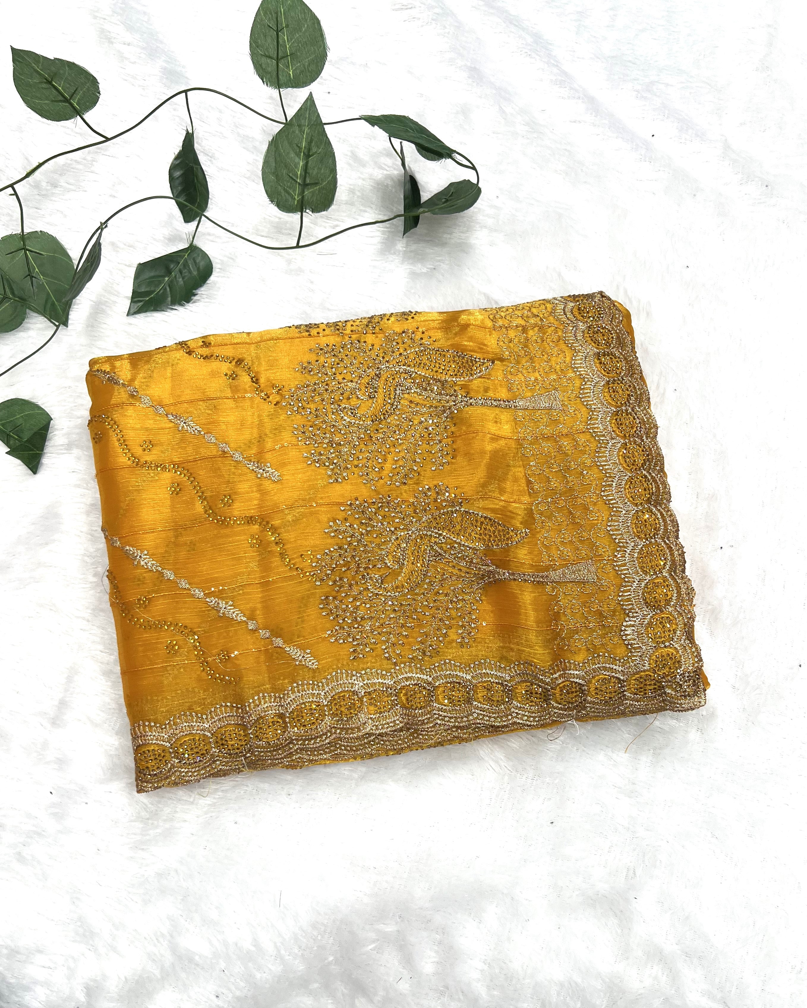 Amolika Sarees Mustard Gold Fancy Chiffon Saree With Heavy Embroidered Zari Border & Stone Work With Unstitched Blouse