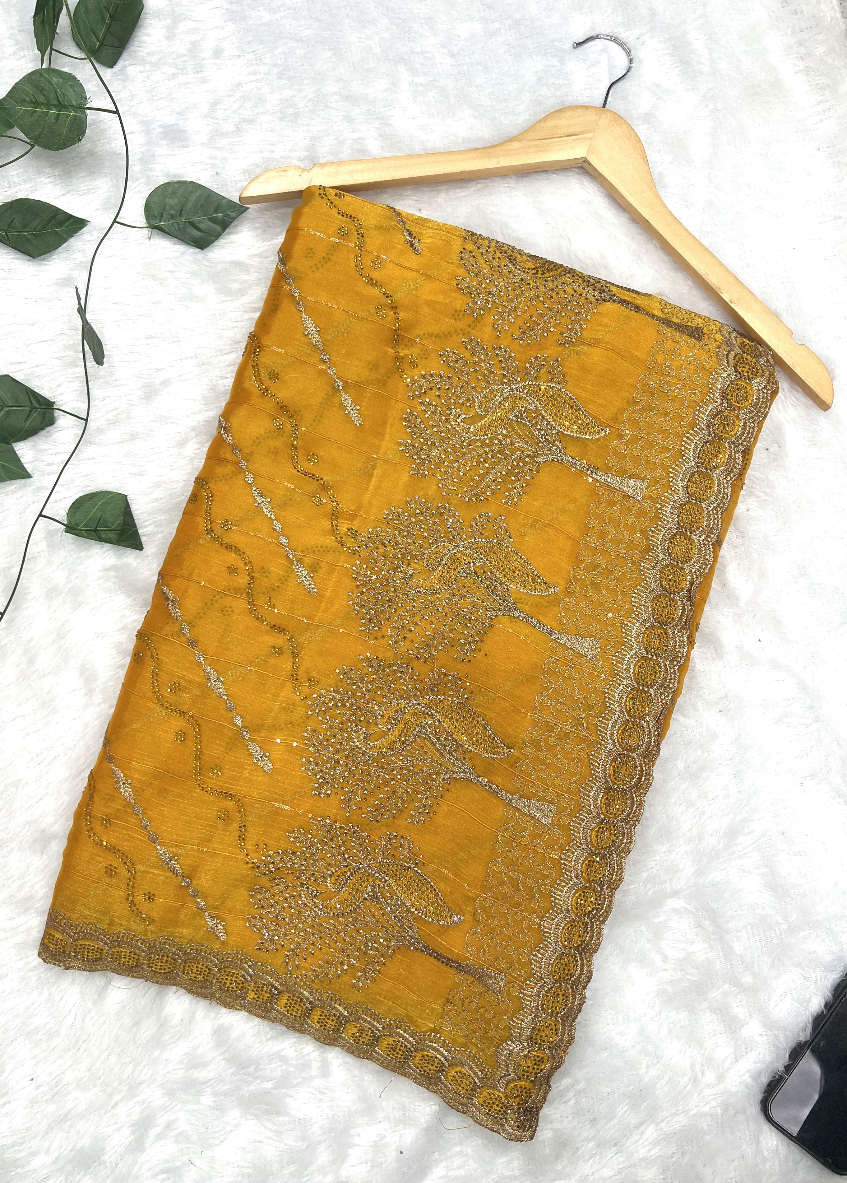 Amolika Sarees Mustard Gold Fancy Chiffon Saree With Heavy Embroidered Zari Border & Stone Work With Unstitched Blouse