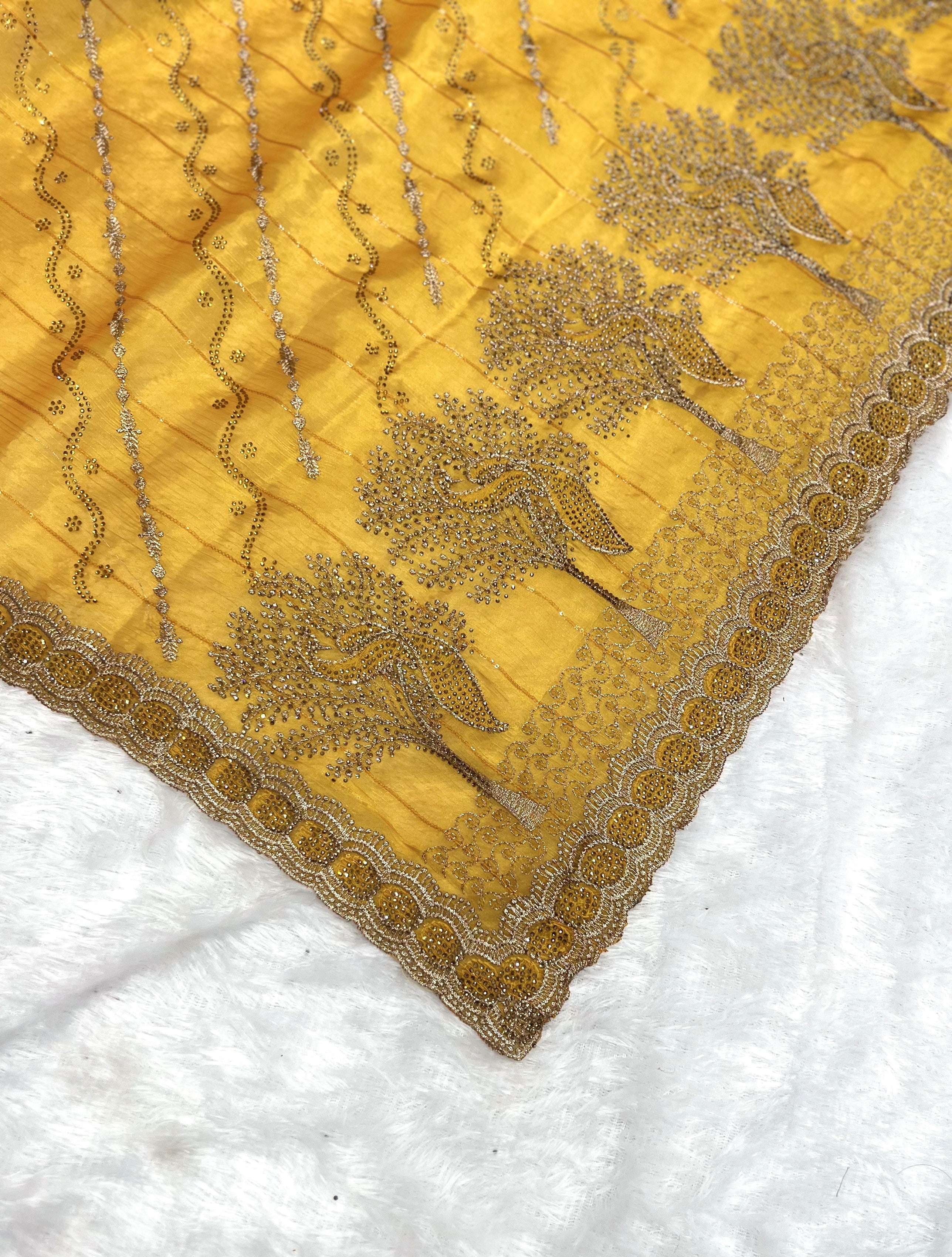 Amolika Sarees Mustard Gold Fancy Chiffon Saree With Heavy Embroidered Zari Border & Stone Work With Unstitched Blouse
