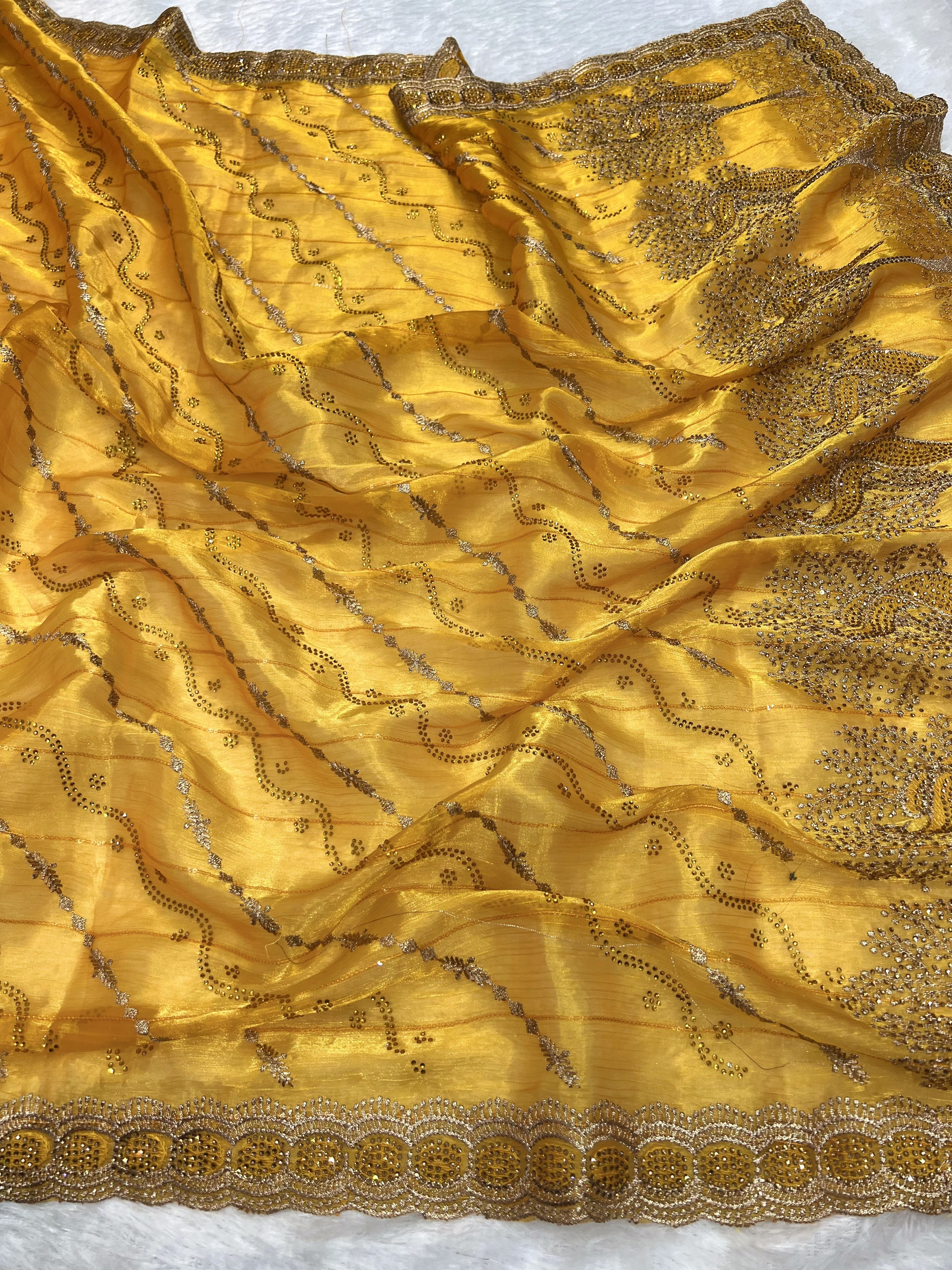 Amolika Sarees Mustard Gold Fancy Chiffon Saree With Heavy Embroidered Zari Border & Stone Work With Unstitched Blouse