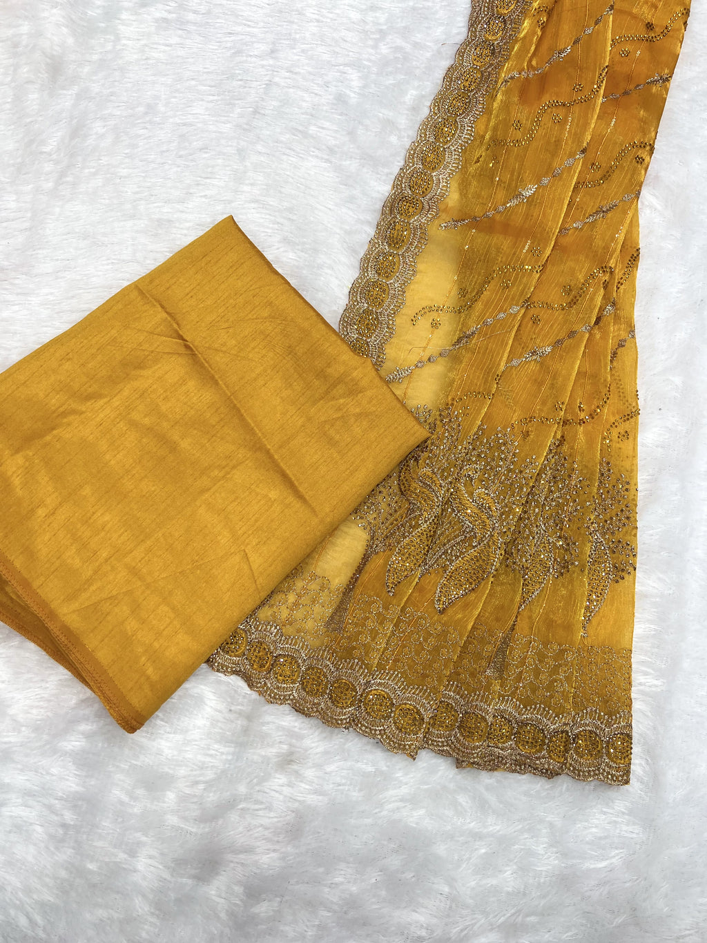 Amolika Sarees Mustard Gold Fancy Chiffon Saree With Heavy Embroidered Zari Border & Stone Work With Unstitched Blouse