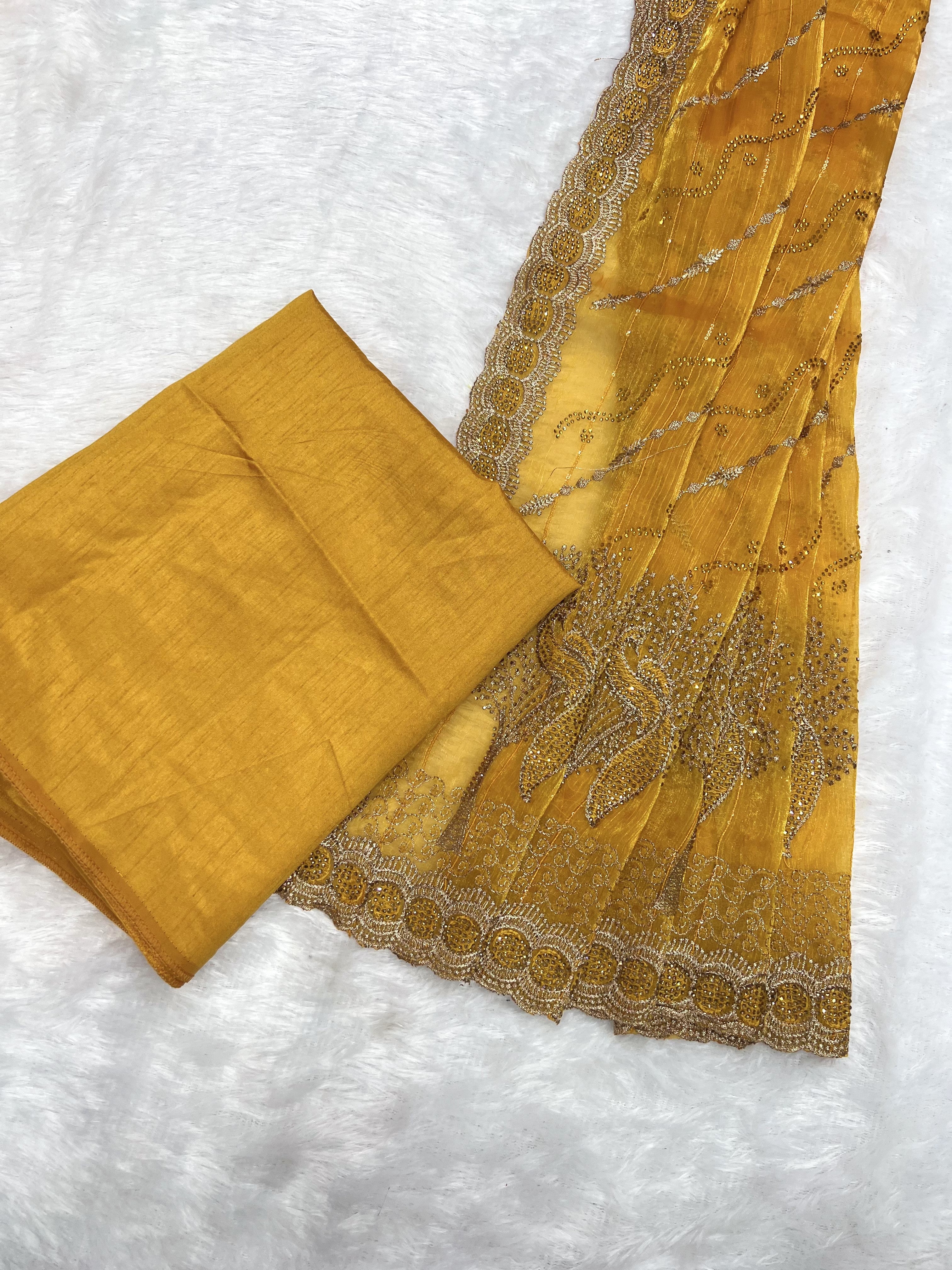 Amolika Sarees Mustard Gold Fancy Chiffon Saree With Heavy Embroidered Zari Border & Stone Work With Unstitched Blouse