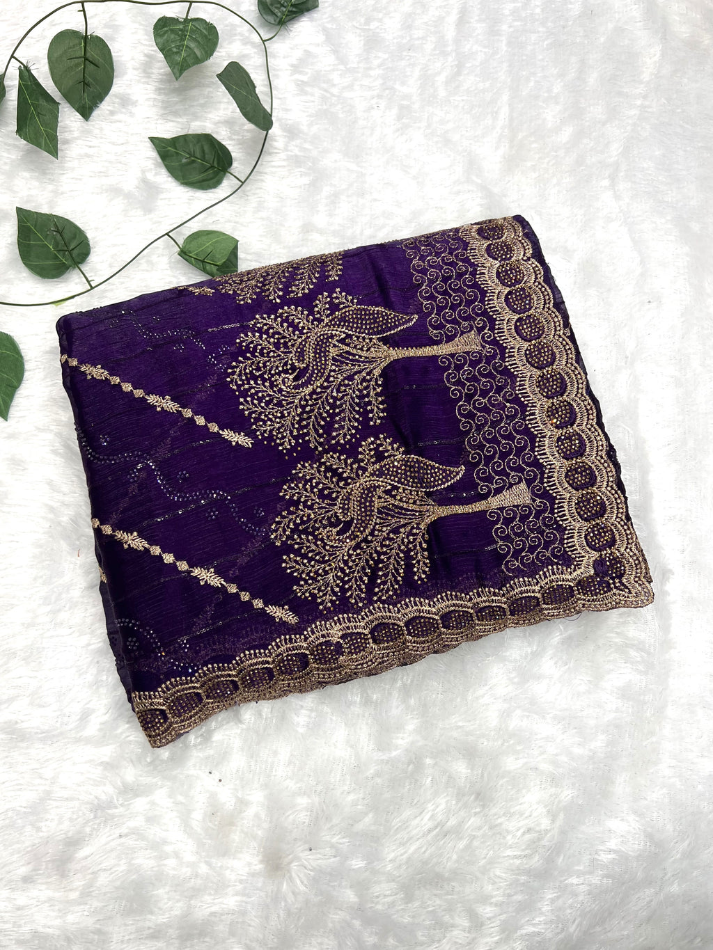 Amolika Designer Fancy Chiffon Saree With Heavy Zari Embroidery, Stone Work Border & Unstitched Blouse Piece for Women – Royal Purple