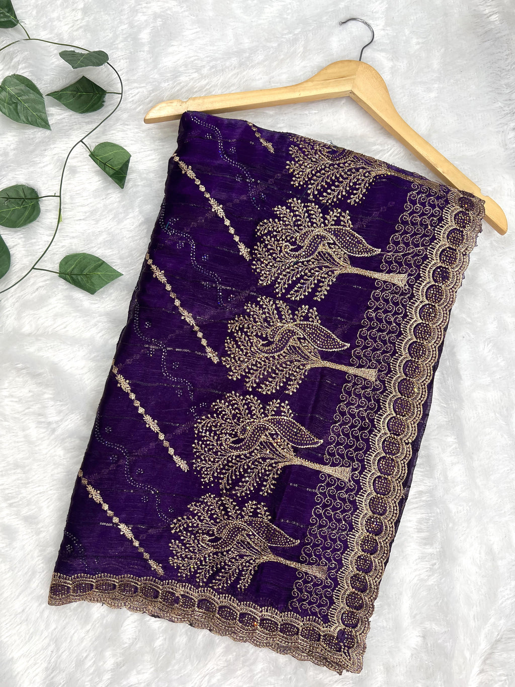Amolika Designer Fancy Chiffon Saree With Heavy Zari Embroidery, Stone Work Border & Unstitched Blouse Piece for Women – Royal Purple