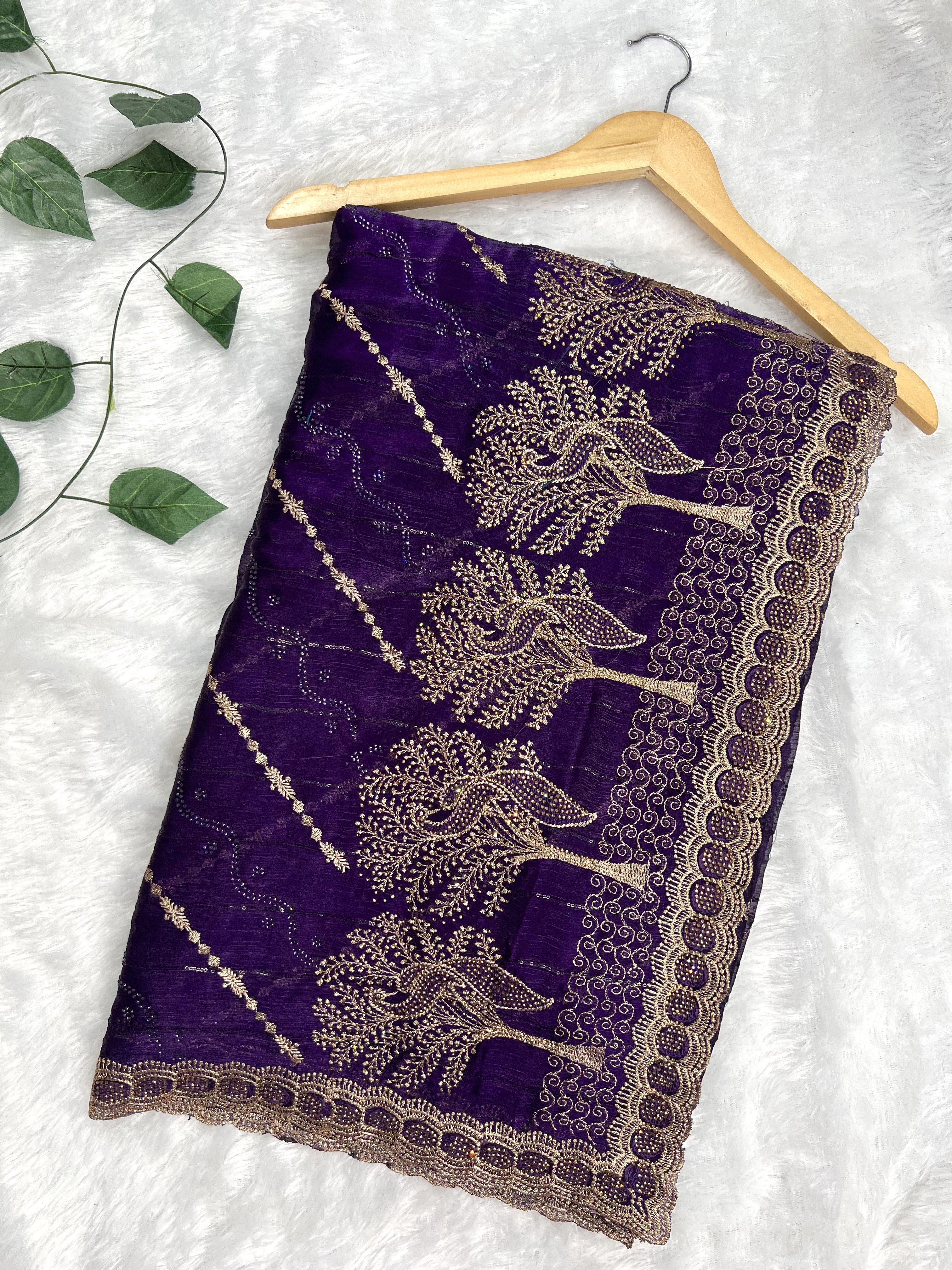 Amolika Designer Fancy Chiffon Saree With Heavy Zari Embroidery, Stone Work Border & Unstitched Blouse Piece for Women – Royal Purple