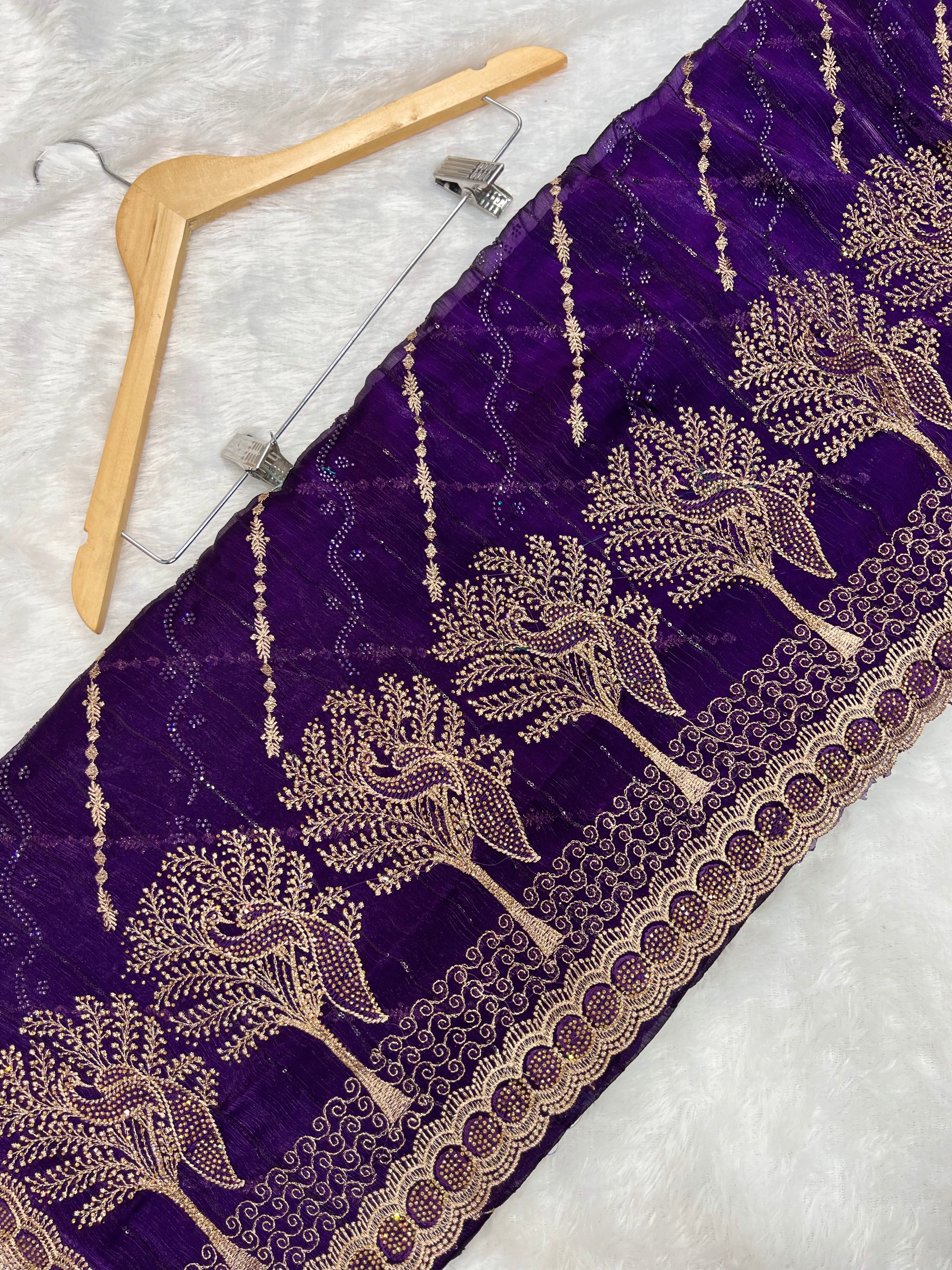 Amolika Designer Fancy Chiffon Saree With Heavy Zari Embroidery, Stone Work Border & Unstitched Blouse Piece for Women – Royal Purple