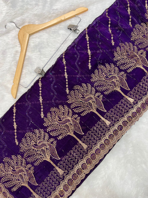 Amolika Designer Fancy Chiffon Saree With Heavy Zari Embroidery, Stone Work Border & Unstitched Blouse Piece for Women – Royal Purple