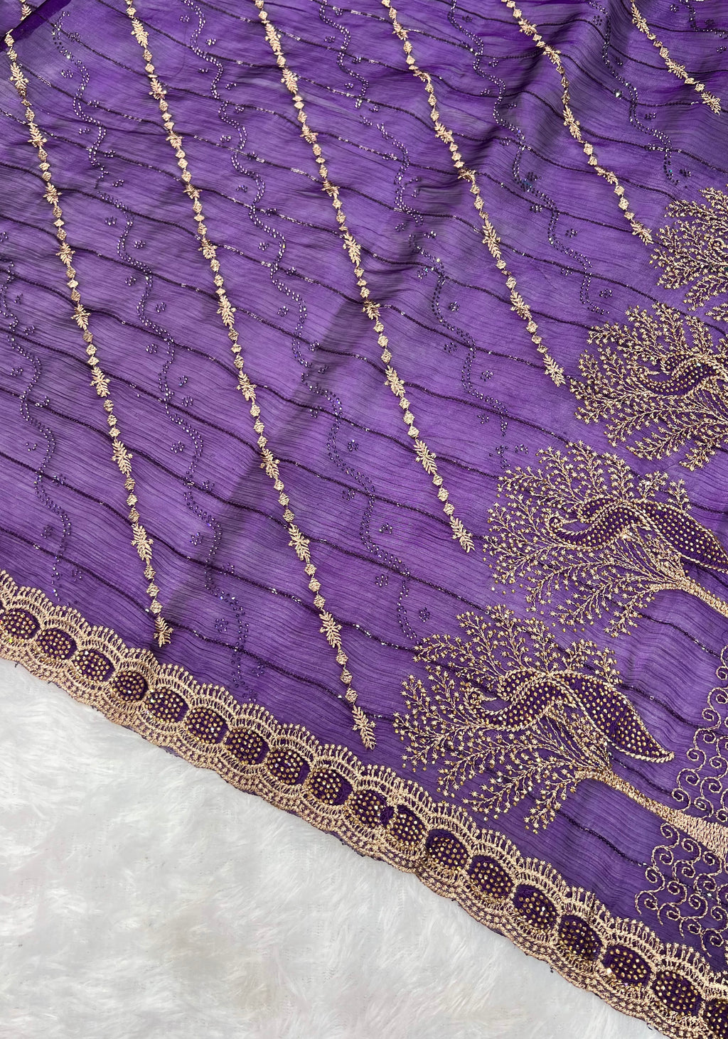 Amolika Designer Fancy Chiffon Saree With Heavy Zari Embroidery, Stone Work Border & Unstitched Blouse Piece for Women – Royal Purple