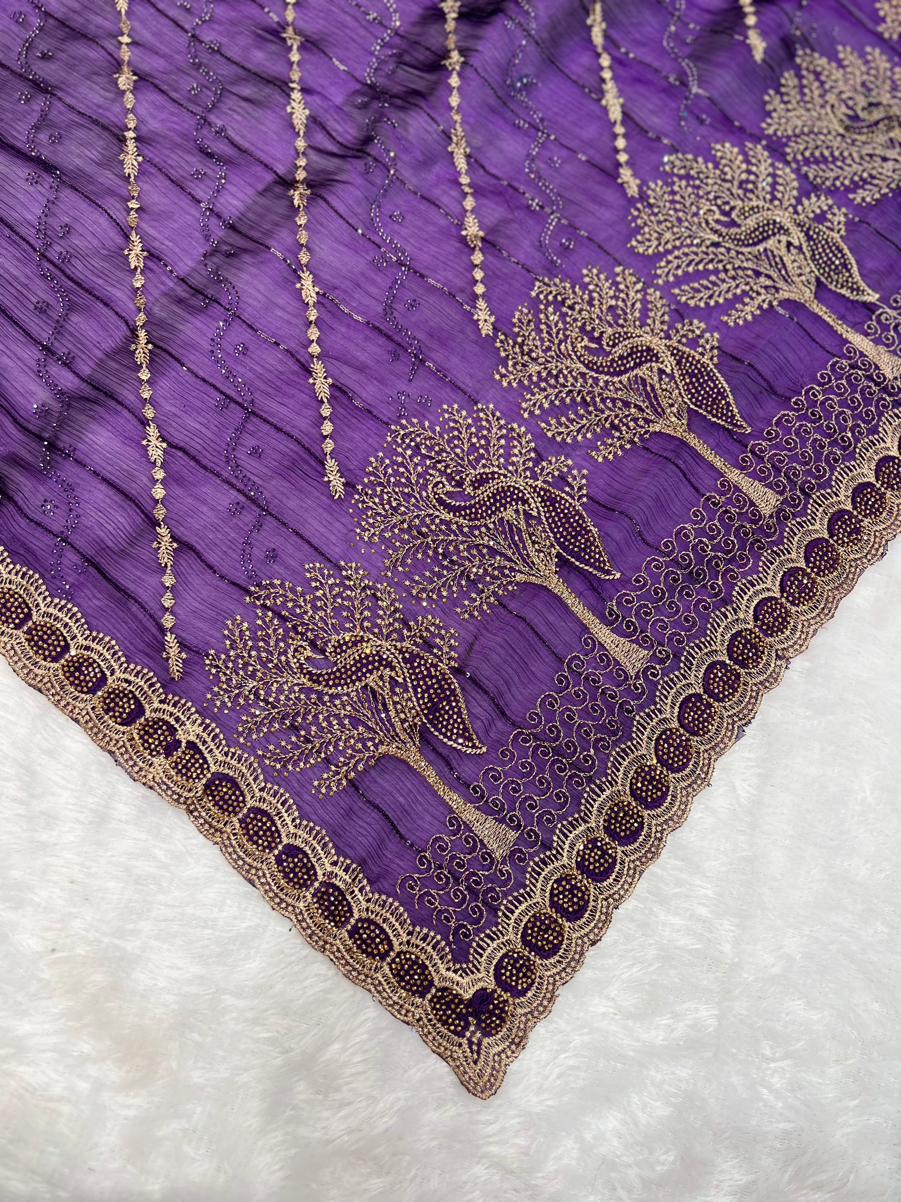Amolika Designer Fancy Chiffon Saree With Heavy Zari Embroidery, Stone Work Border & Unstitched Blouse Piece for Women – Royal Purple