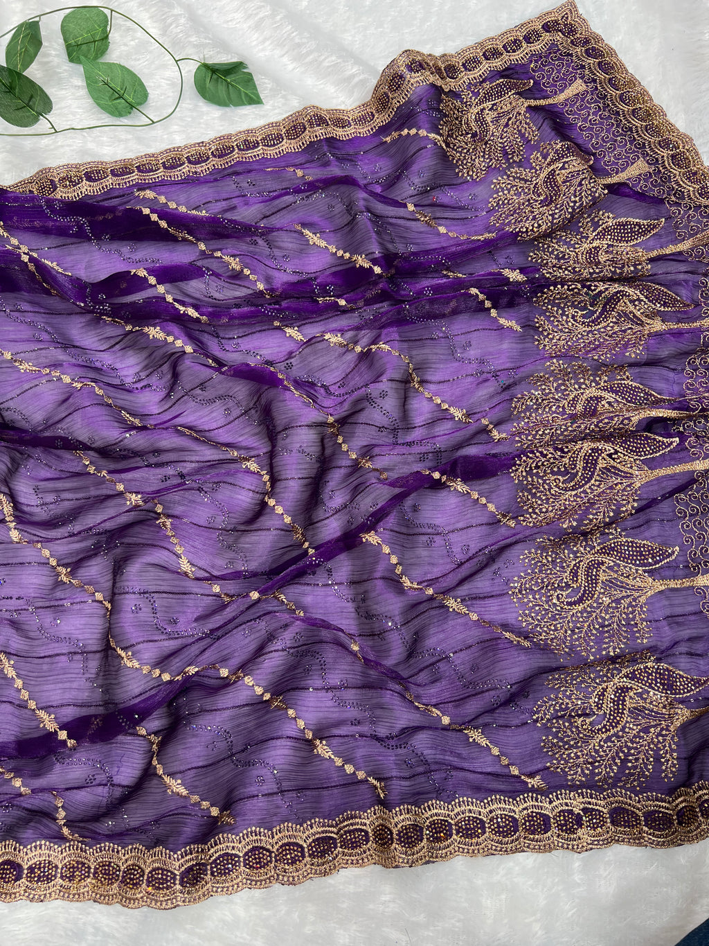 Amolika Designer Fancy Chiffon Saree With Heavy Zari Embroidery, Stone Work Border & Unstitched Blouse Piece for Women – Royal Purple
