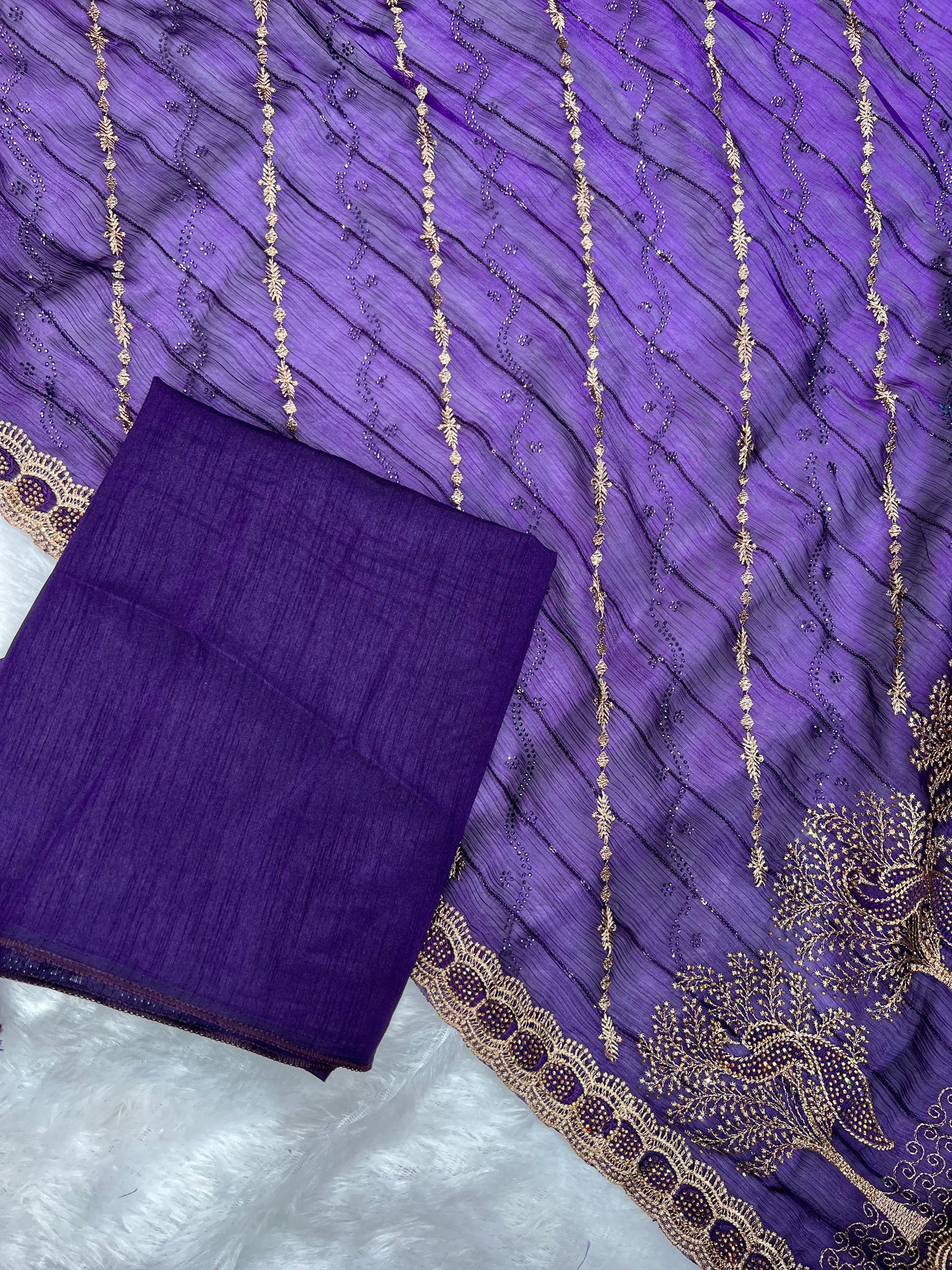 Amolika Designer Fancy Chiffon Saree With Heavy Zari Embroidery, Stone Work Border & Unstitched Blouse Piece for Women – Royal Purple