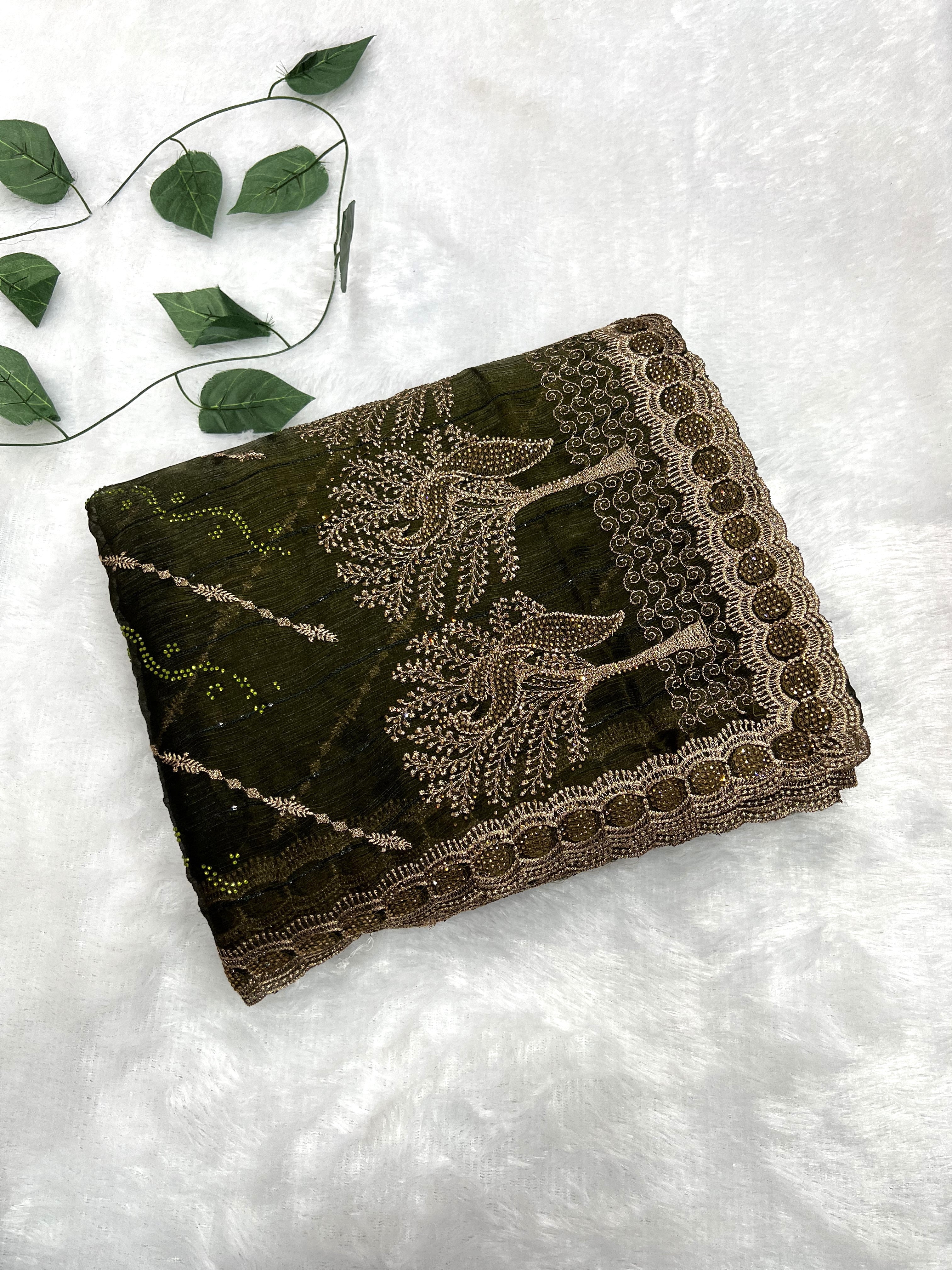 Amolika Designer Chiffon Saree With Heavy Embroidery & Stone Work Border With Unstitched Blouse Piece (Olive Green)
