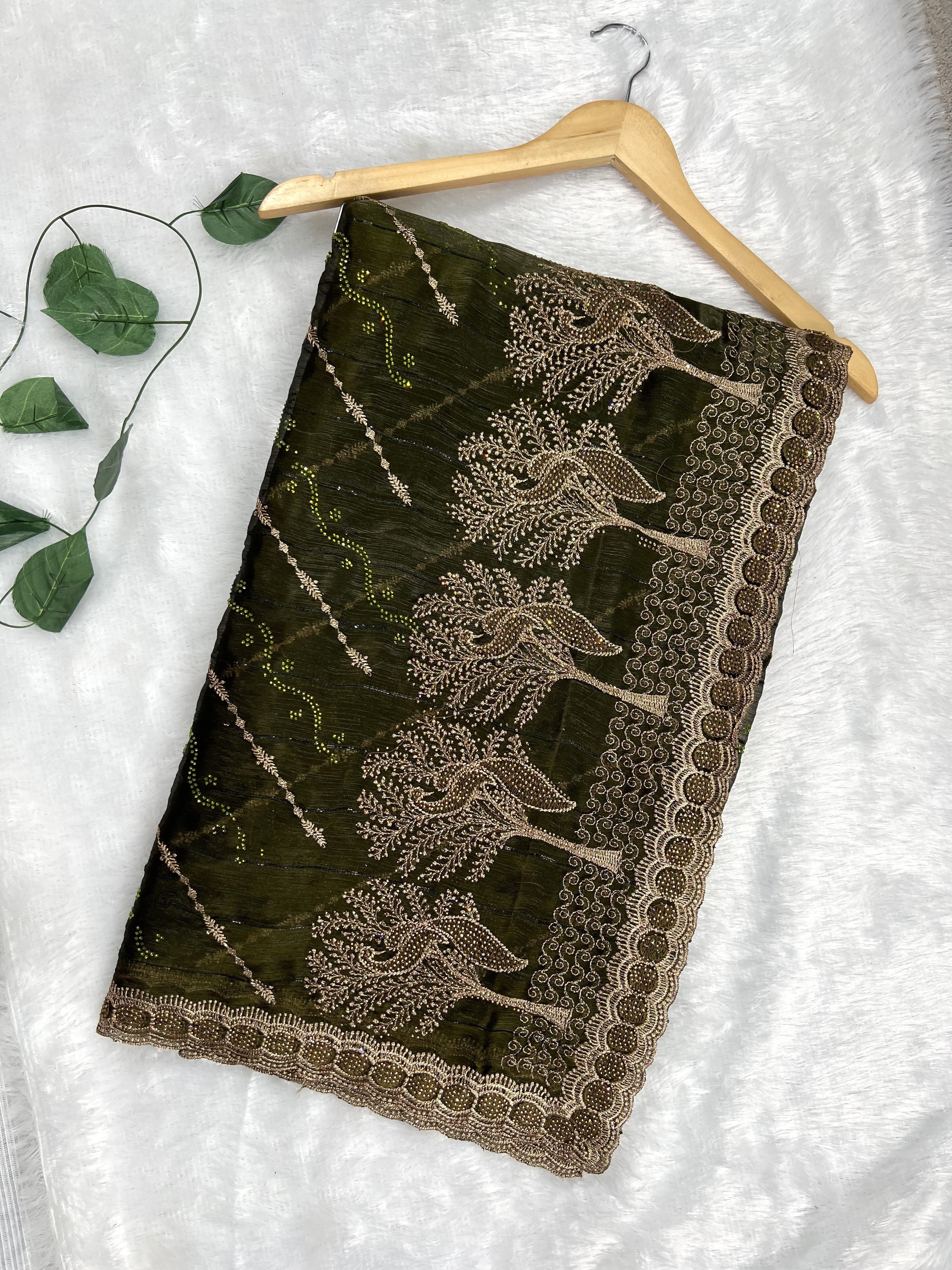 Amolika Designer Chiffon Saree With Heavy Embroidery & Stone Work Border With Unstitched Blouse Piece (Olive Green)