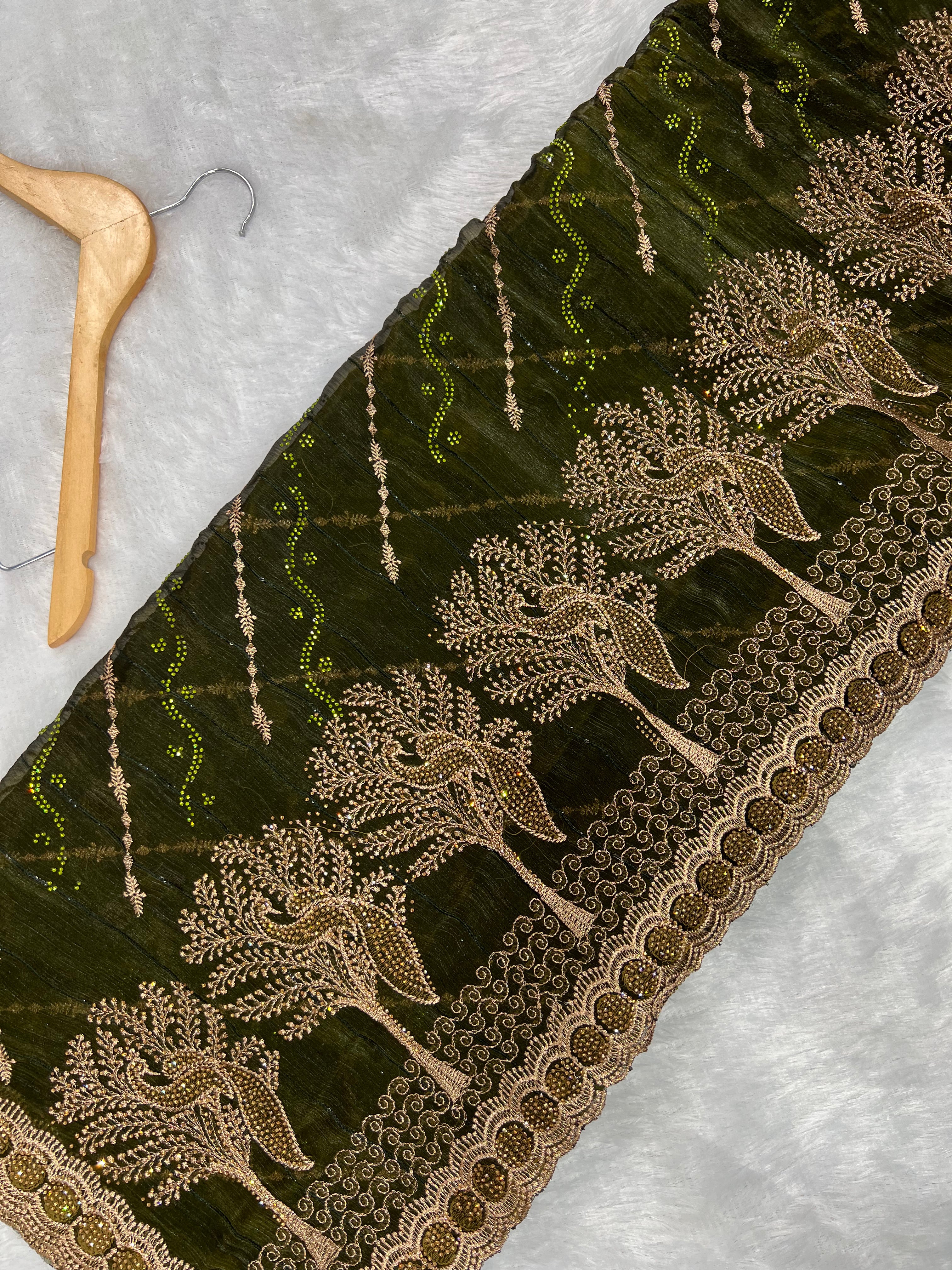 Amolika Designer Chiffon Saree With Heavy Embroidery & Stone Work Border With Unstitched Blouse Piece (Olive Green)