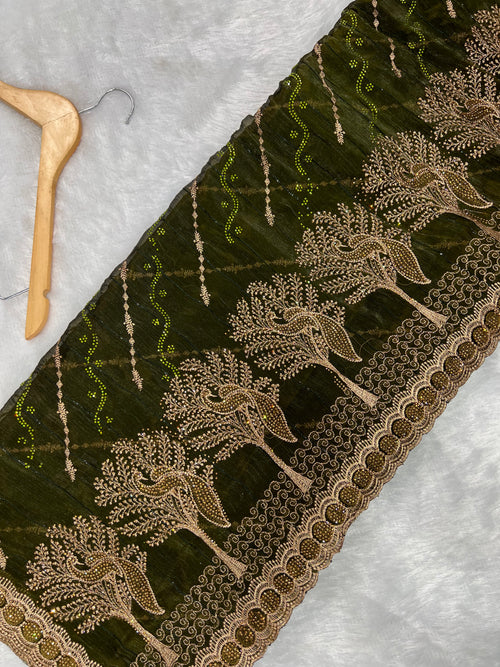 Amolika Designer Chiffon Saree With Heavy Embroidery & Stone Work Border With Unstitched Blouse Piece (Olive Green)