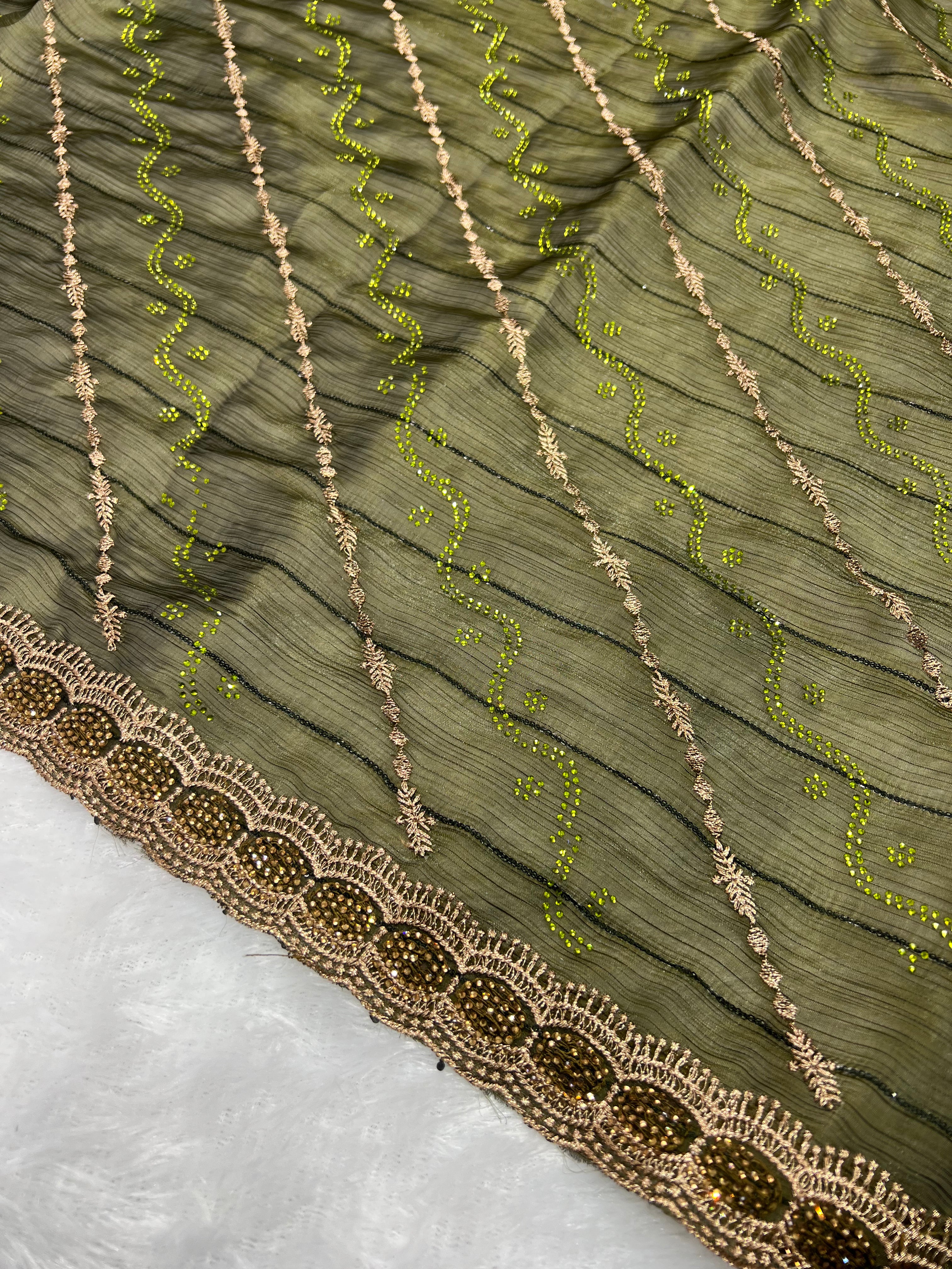 Amolika Designer Chiffon Saree With Heavy Embroidery & Stone Work Border With Unstitched Blouse Piece (Olive Green)