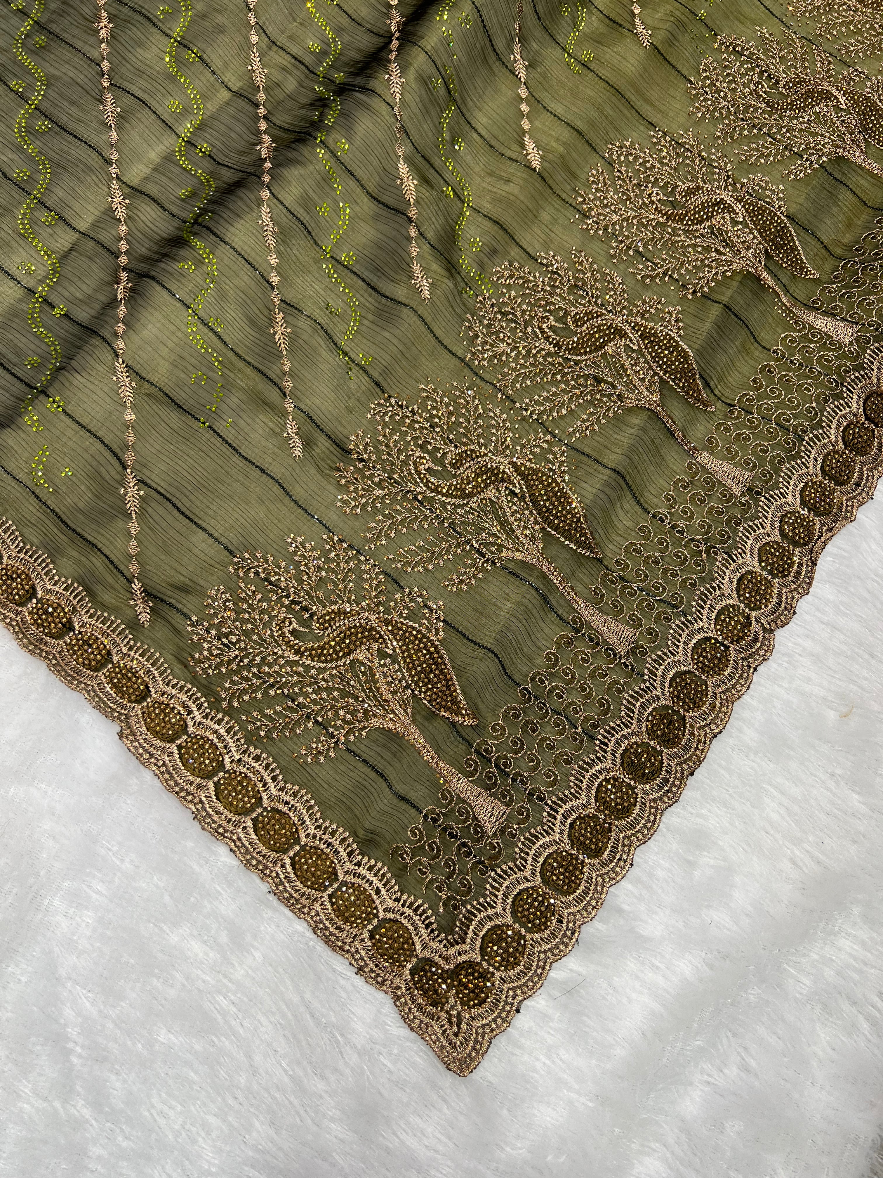 Amolika Designer Chiffon Saree With Heavy Embroidery & Stone Work Border With Unstitched Blouse Piece (Olive Green)