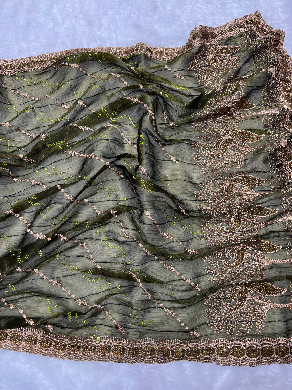 Amolika Designer Chiffon Saree With Heavy Embroidery & Stone Work Border With Unstitched Blouse Piece (Olive Green)