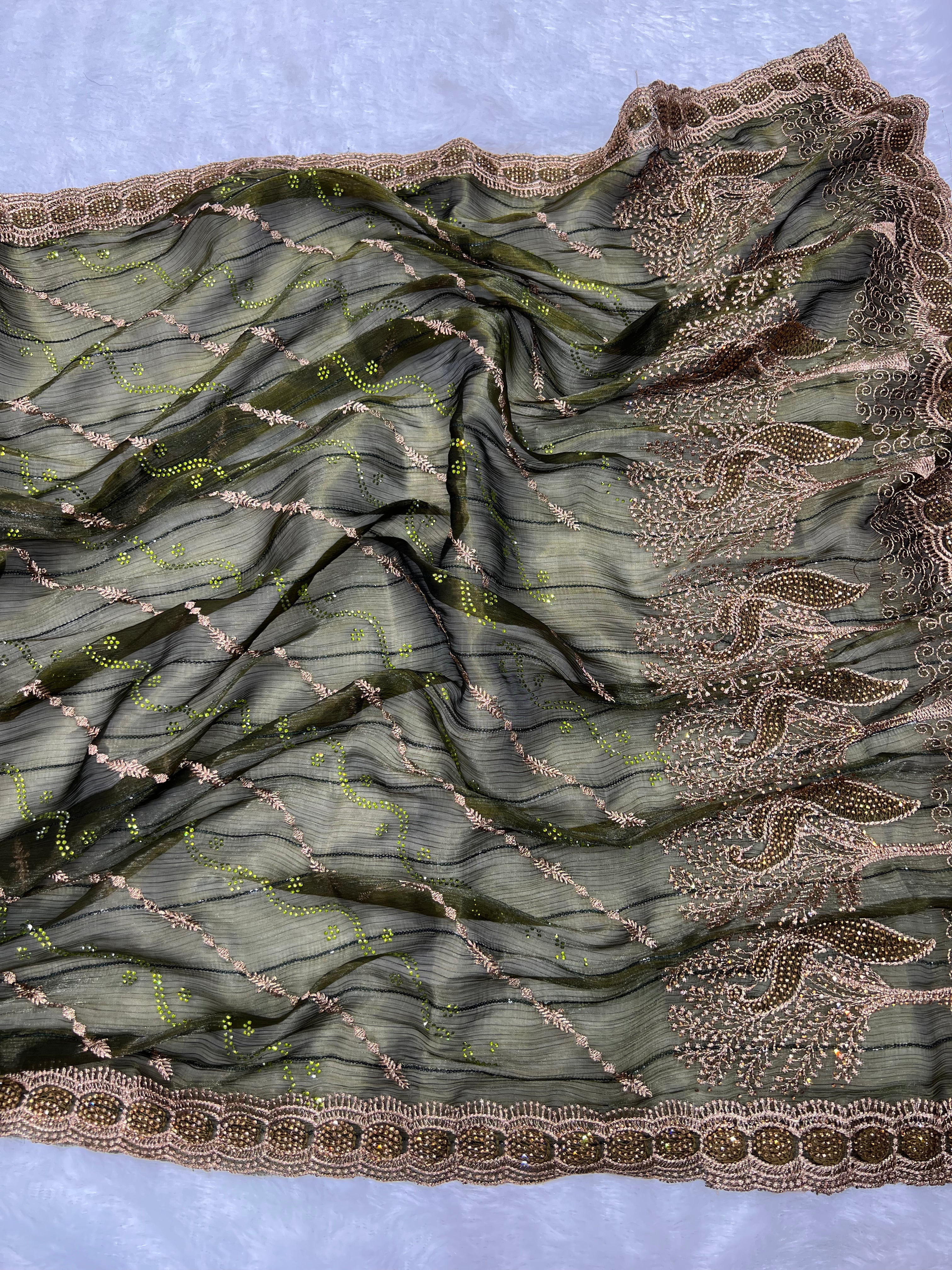 Amolika Designer Chiffon Saree With Heavy Embroidery & Stone Work Border With Unstitched Blouse Piece (Olive Green)