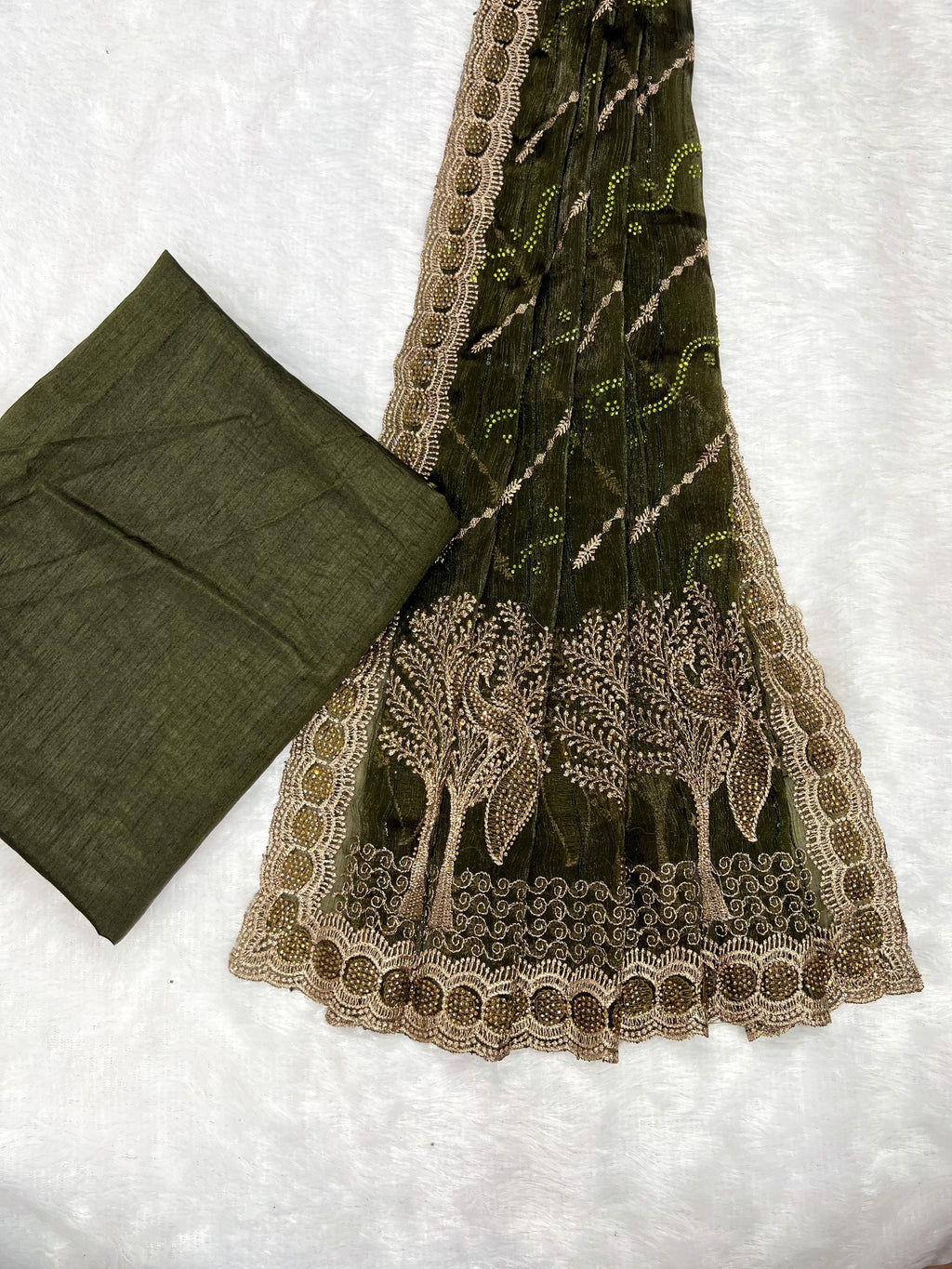 Amolika Designer Chiffon Saree With Heavy Embroidery & Stone Work Border With Unstitched Blouse Piece (Olive Green)