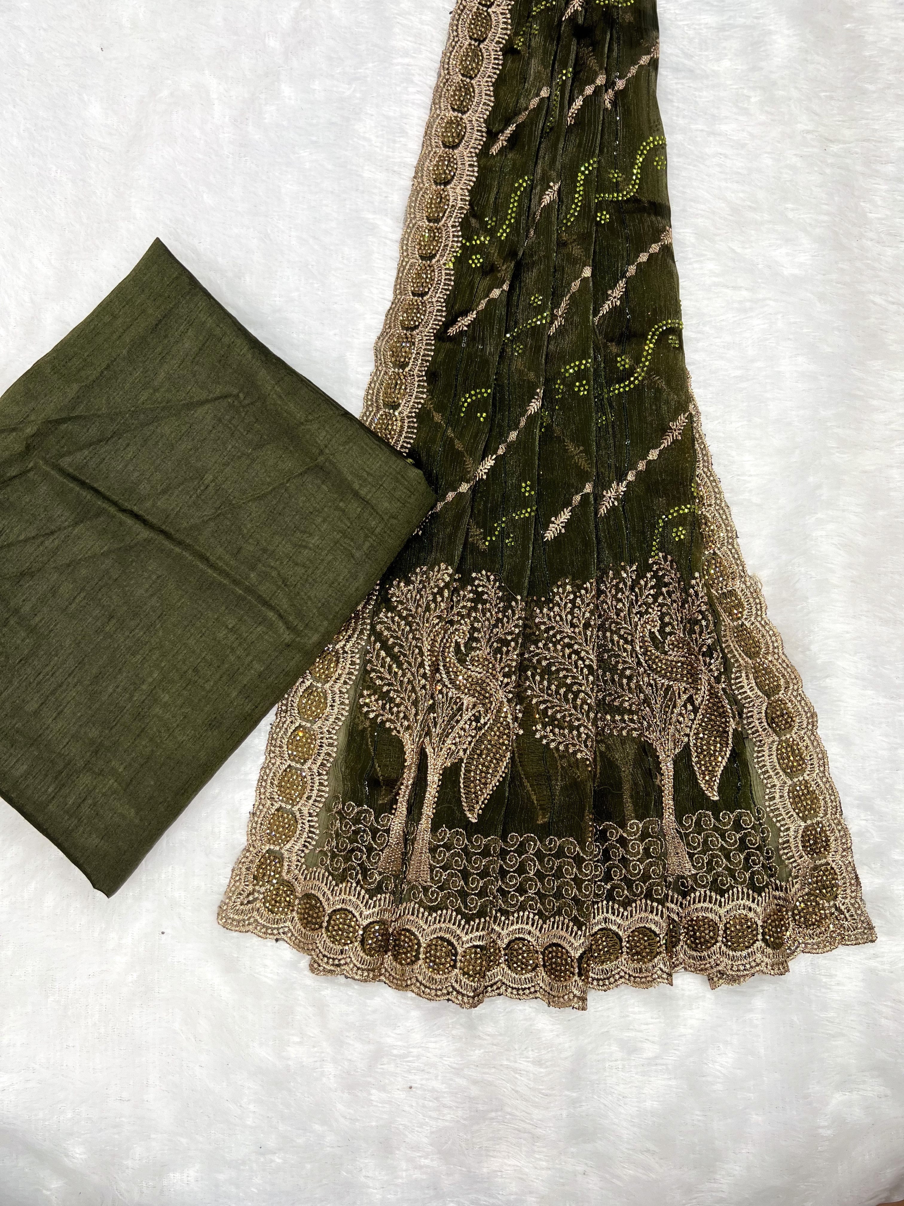 Amolika Designer Chiffon Saree With Heavy Embroidery & Stone Work Border With Unstitched Blouse Piece (Olive Green)