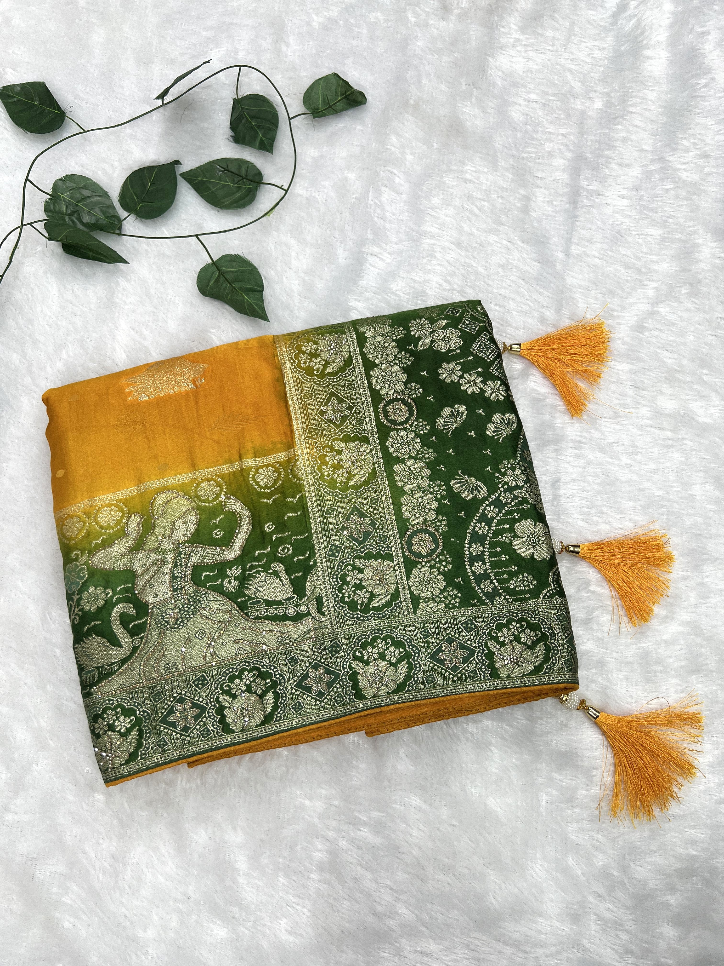 Amolika mustard gold satin silk saree with green zari border (5)