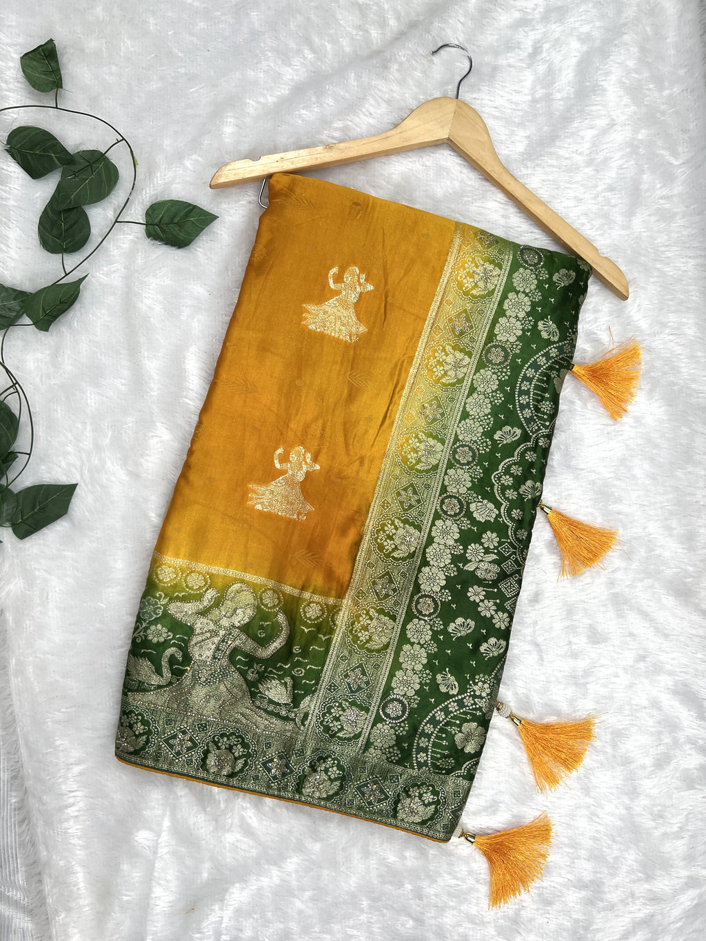 Amolika mustard gold satin silk saree with green zari border