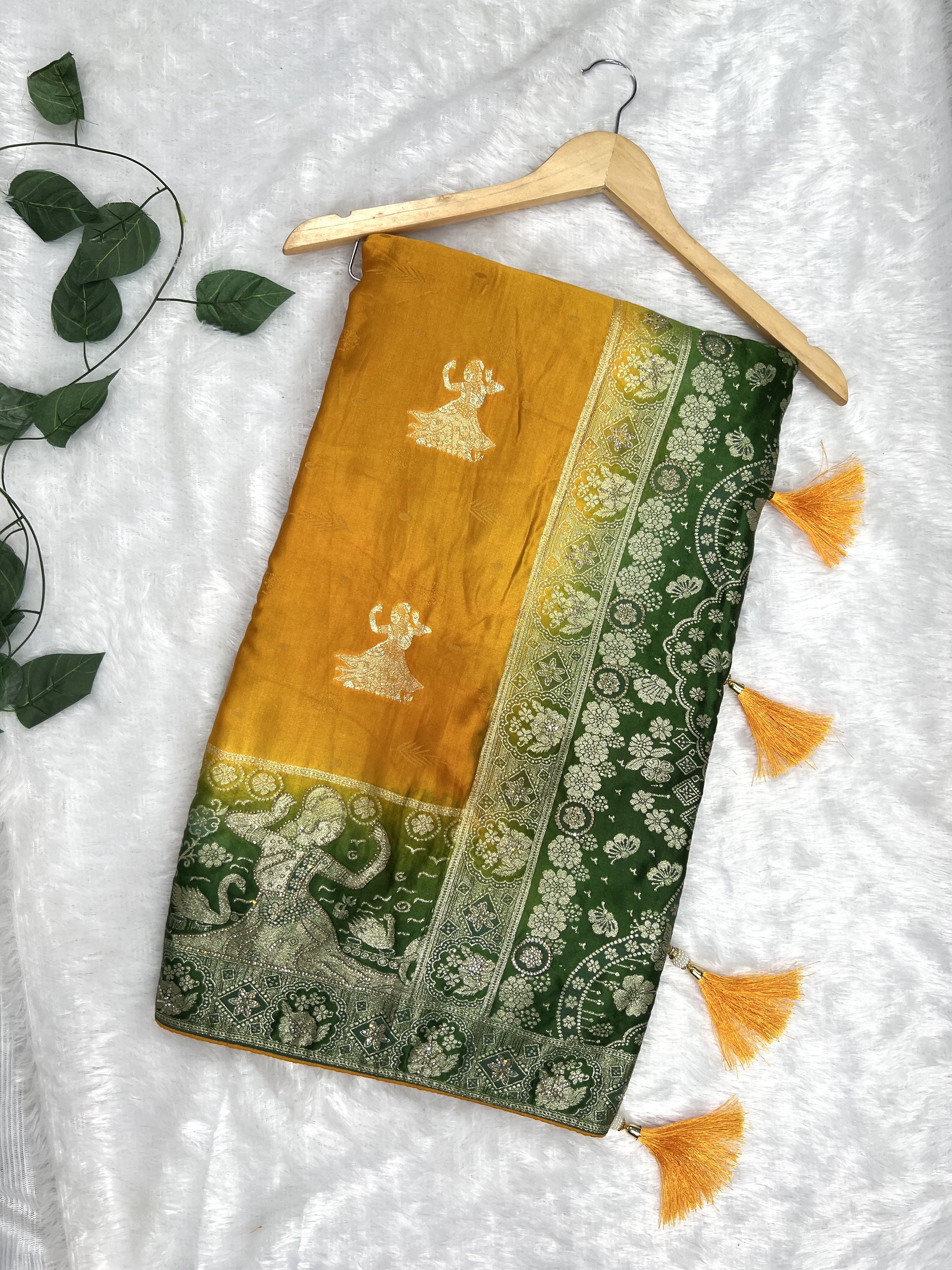 Amolika mustard gold satin silk saree with green zari border
