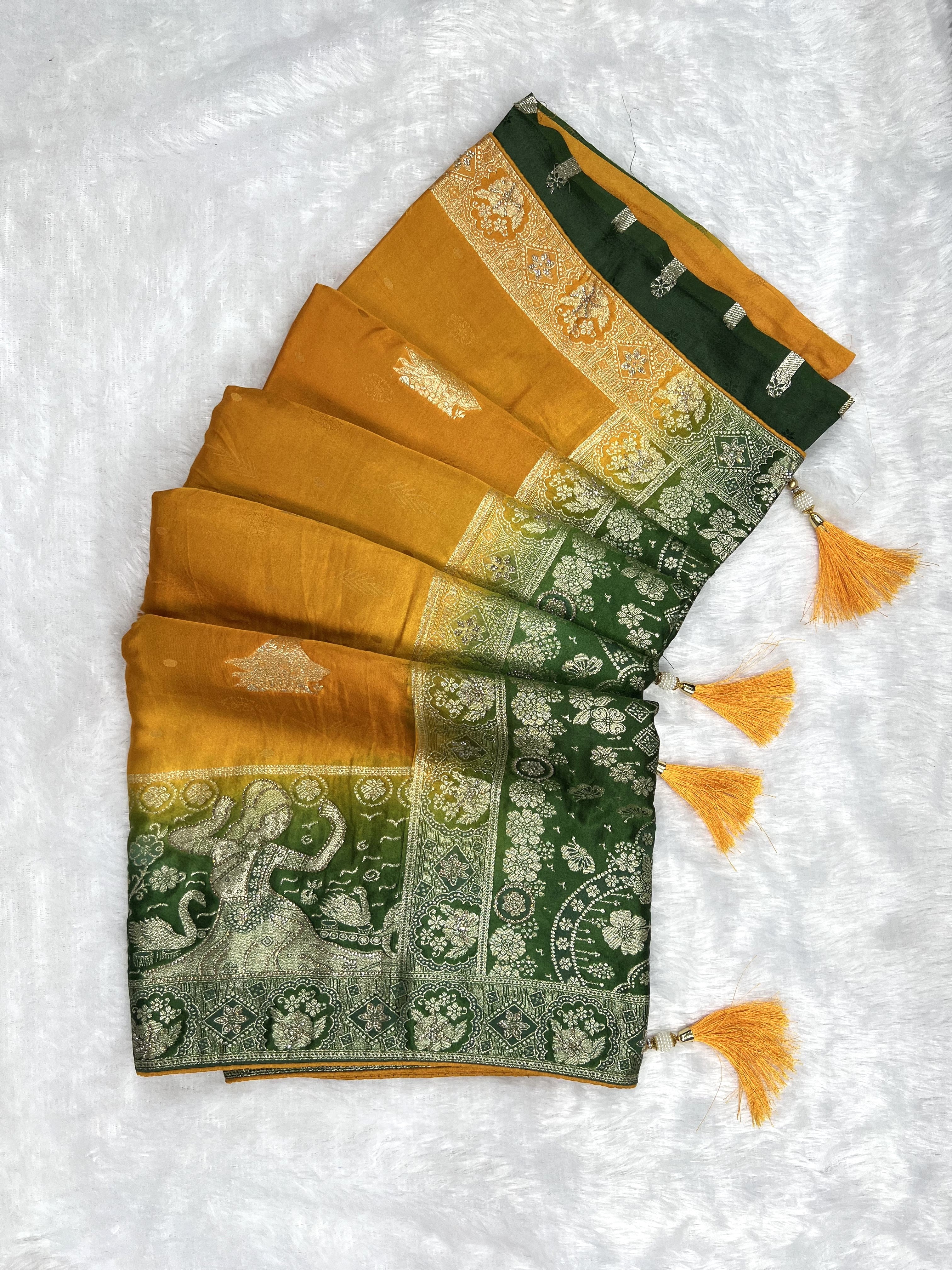 Amolika mustard gold satin silk saree with green zari border (2)