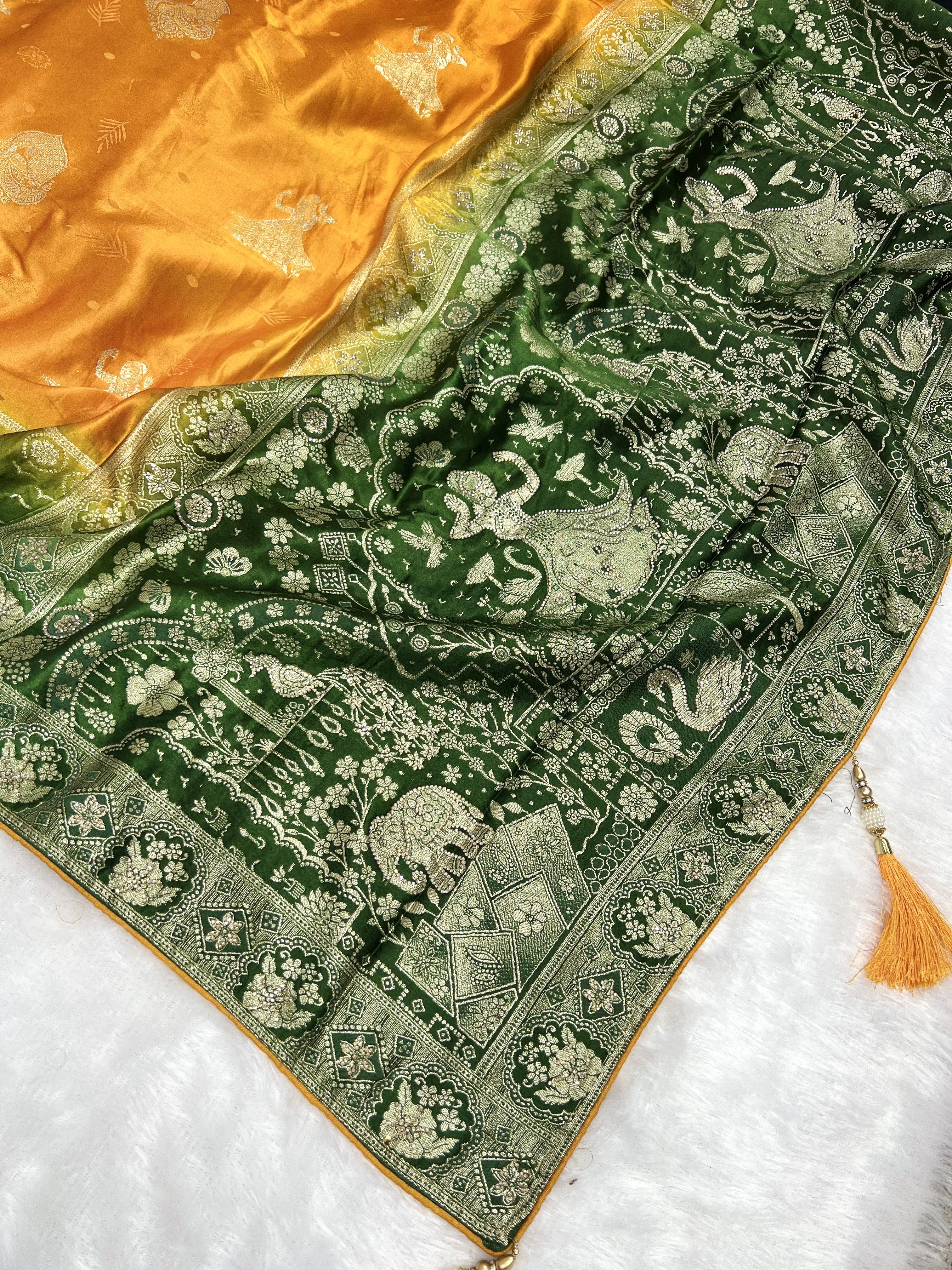 Amolika mustard gold satin silk saree with green zari border (6)