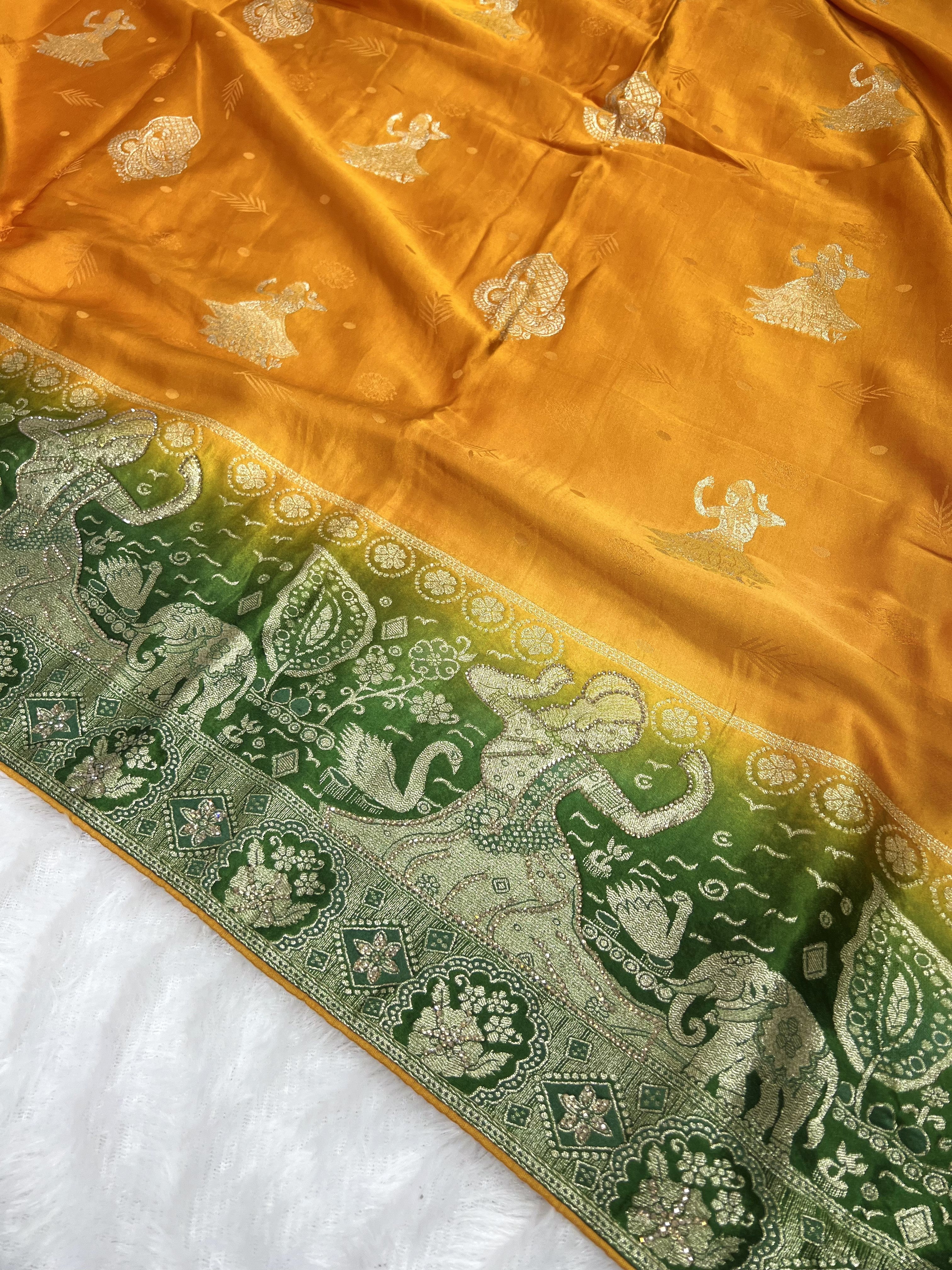 Amolika mustard gold satin silk saree with green zari border (4)