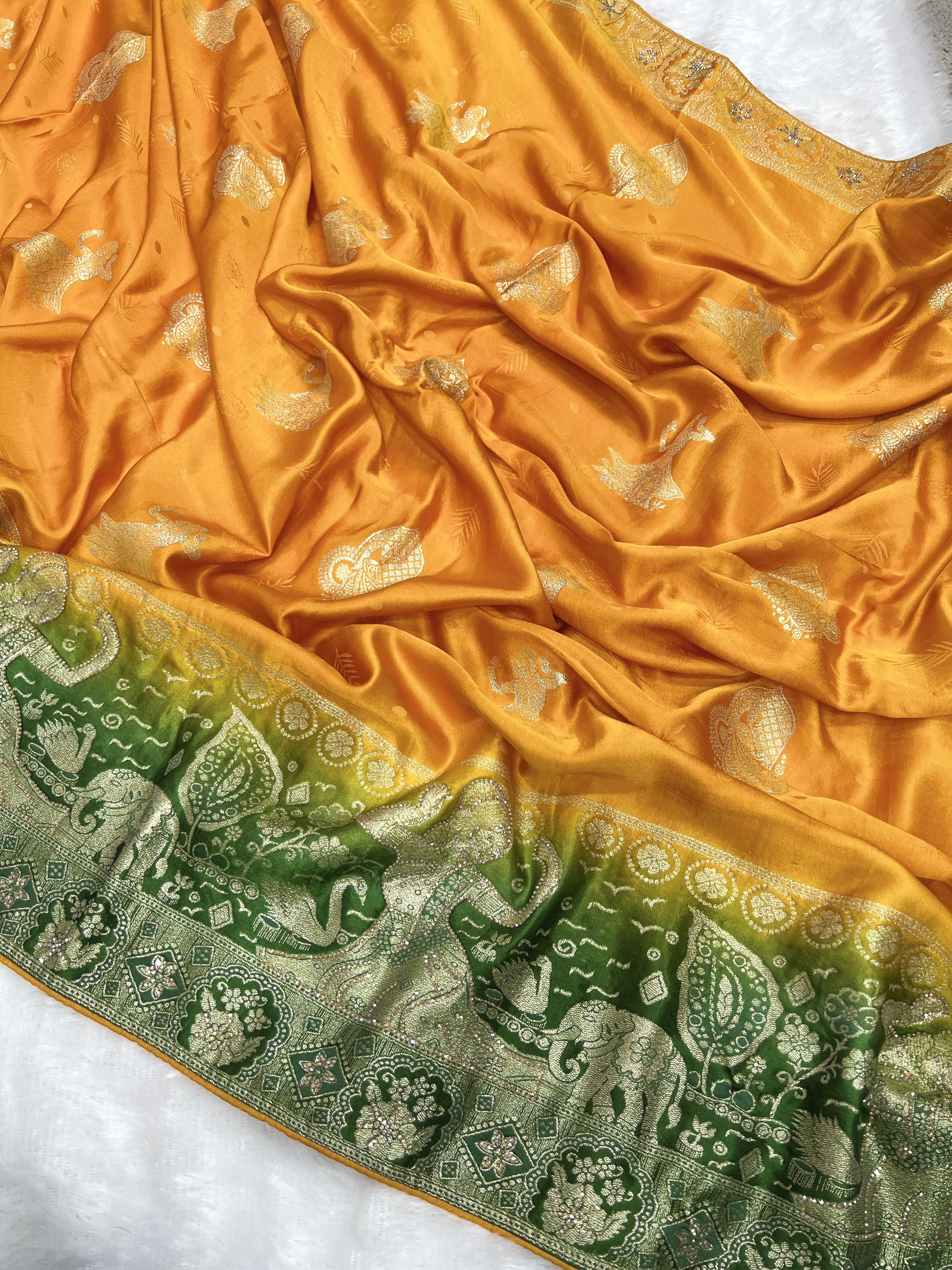 Amolika mustard gold satin silk saree with green zari border (7)