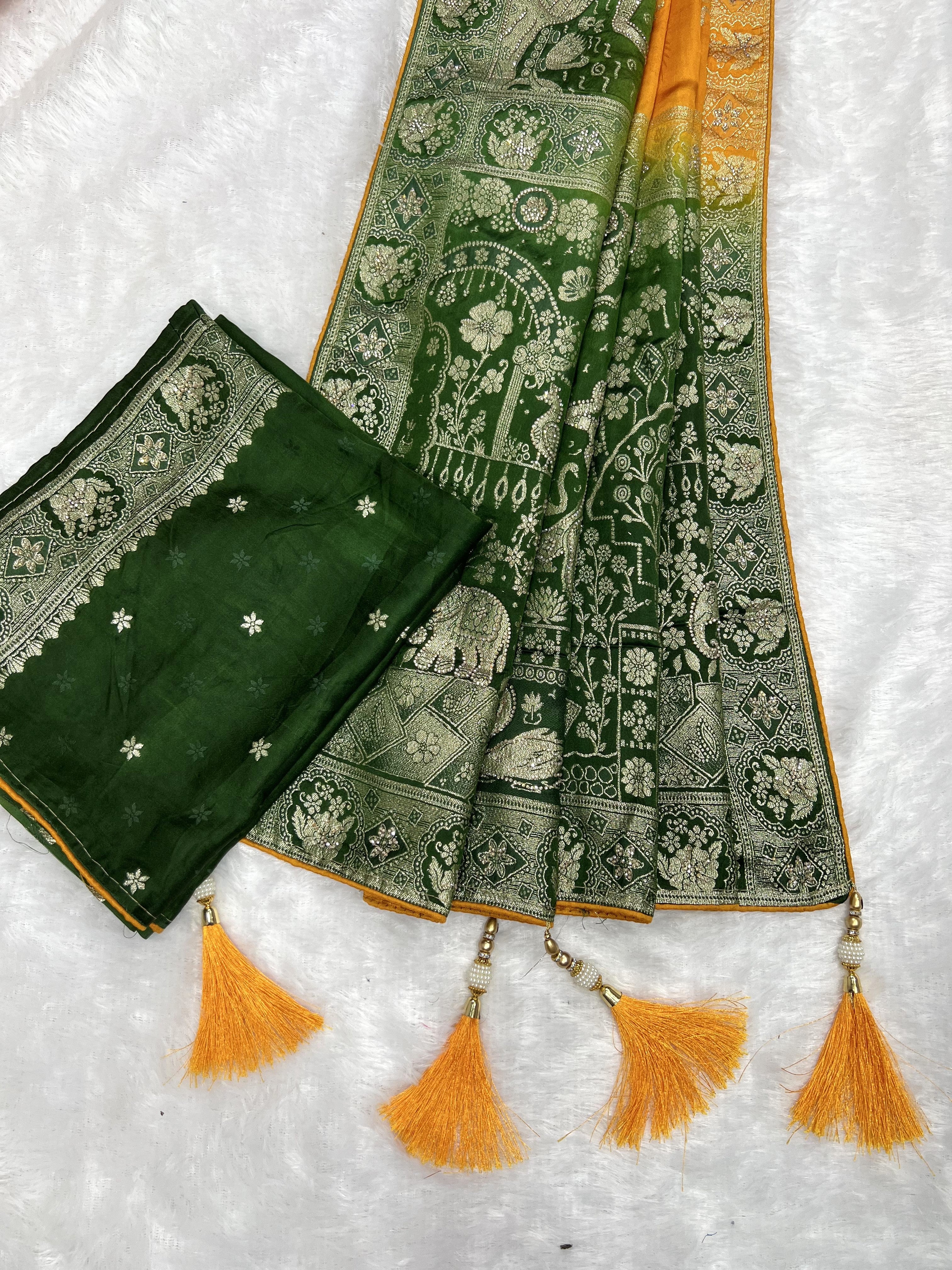 Amolika mustard gold satin silk saree with green zari border (1)