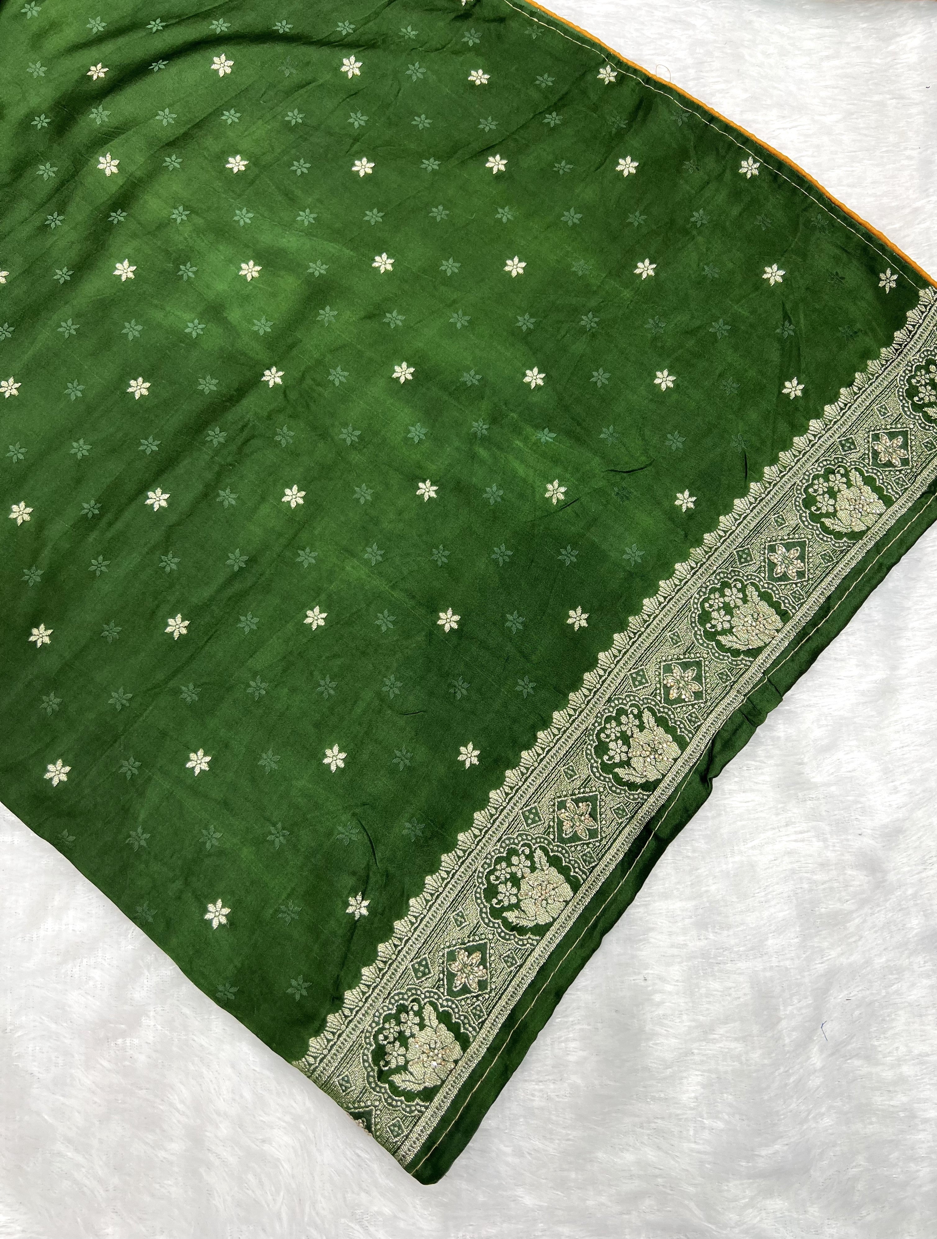 Amolika mustard gold satin silk saree with green zari border (3)