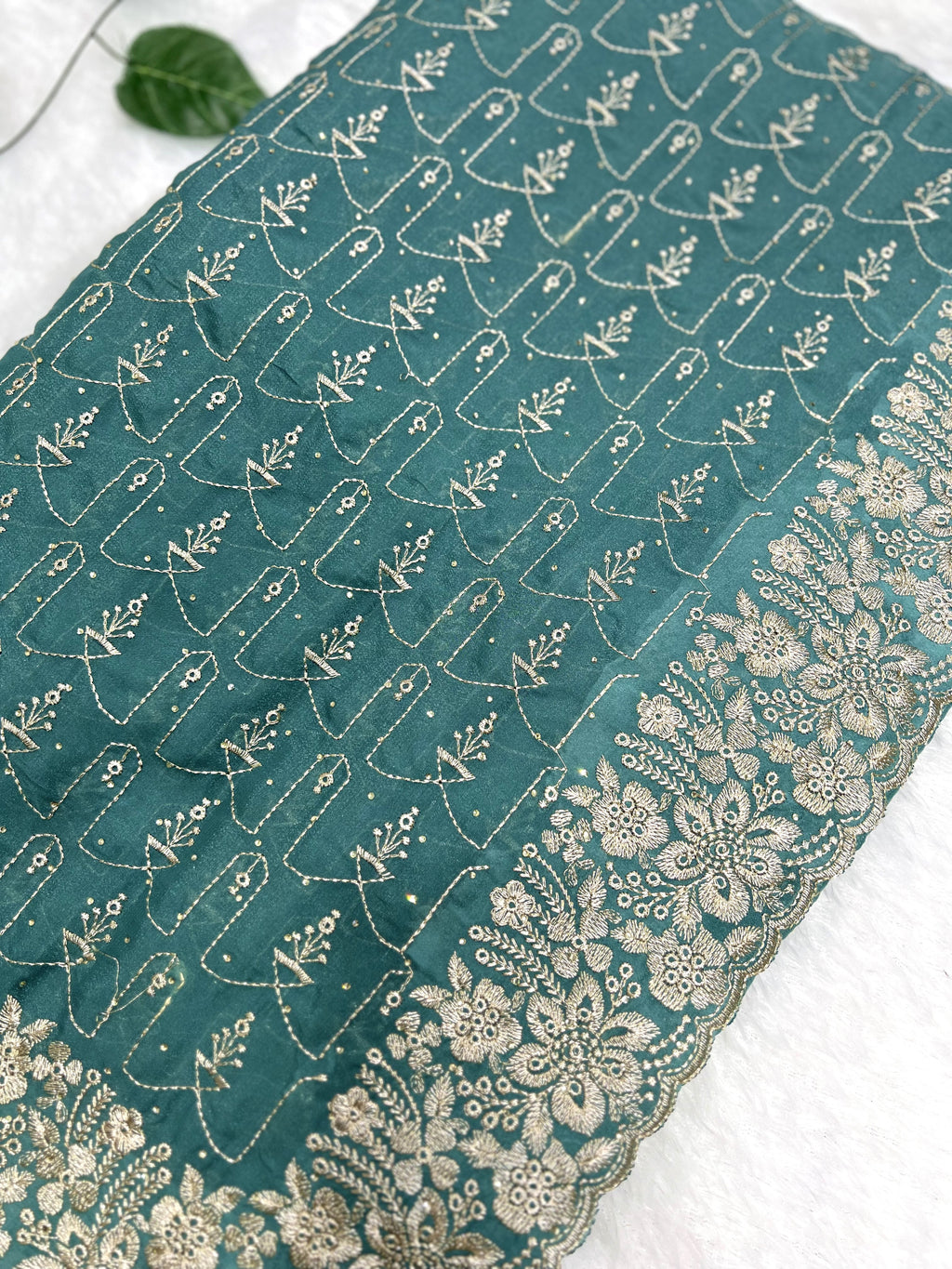Amolika Designer Soft Silk Saree With Thread Embroidery & Heavy Floral Border (Teal Green | Unstitched Blouse)