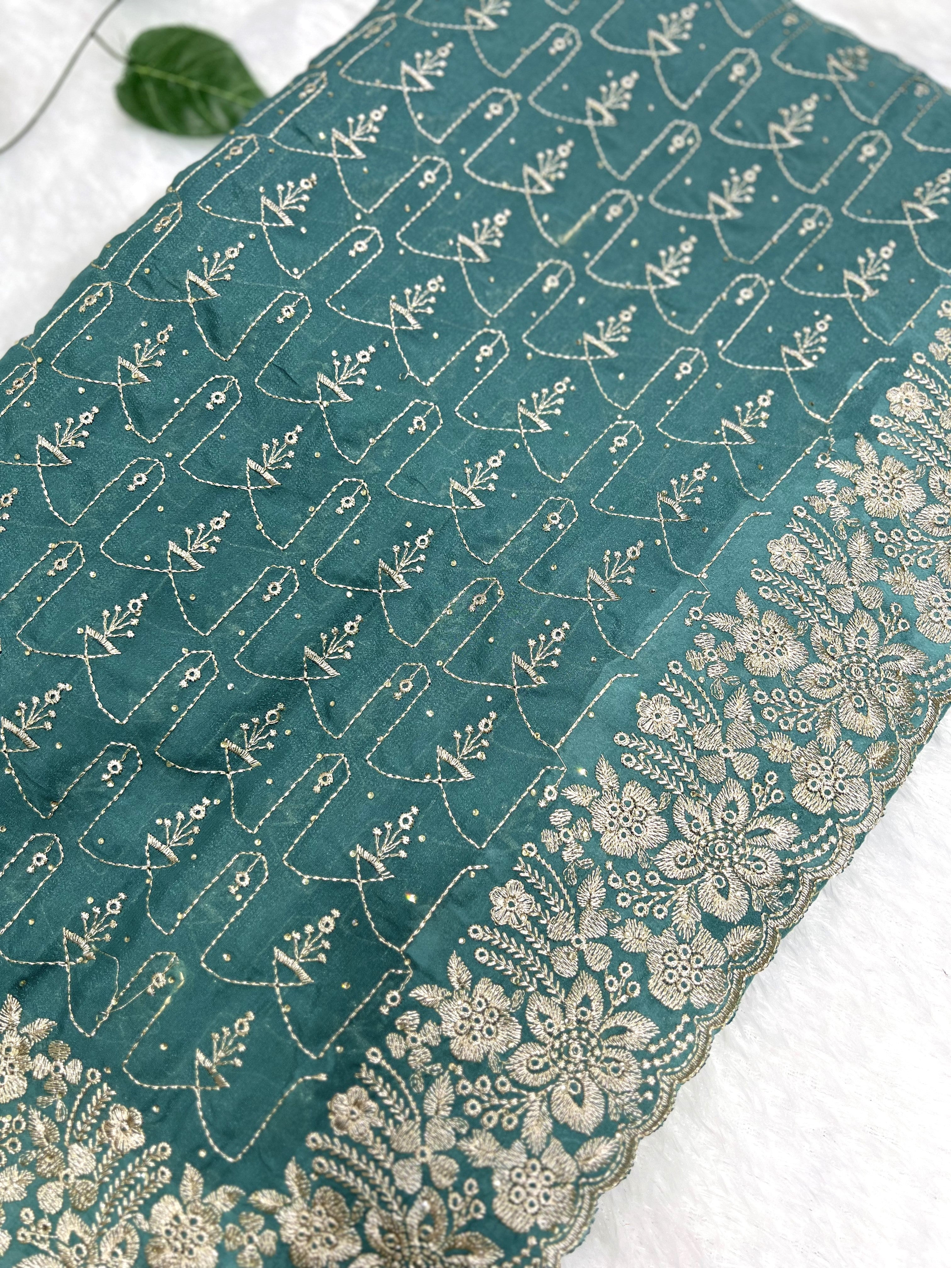Amolika Designer Soft Silk Saree With Thread Embroidery & Heavy Floral Border (Teal Green | Unstitched Blouse)