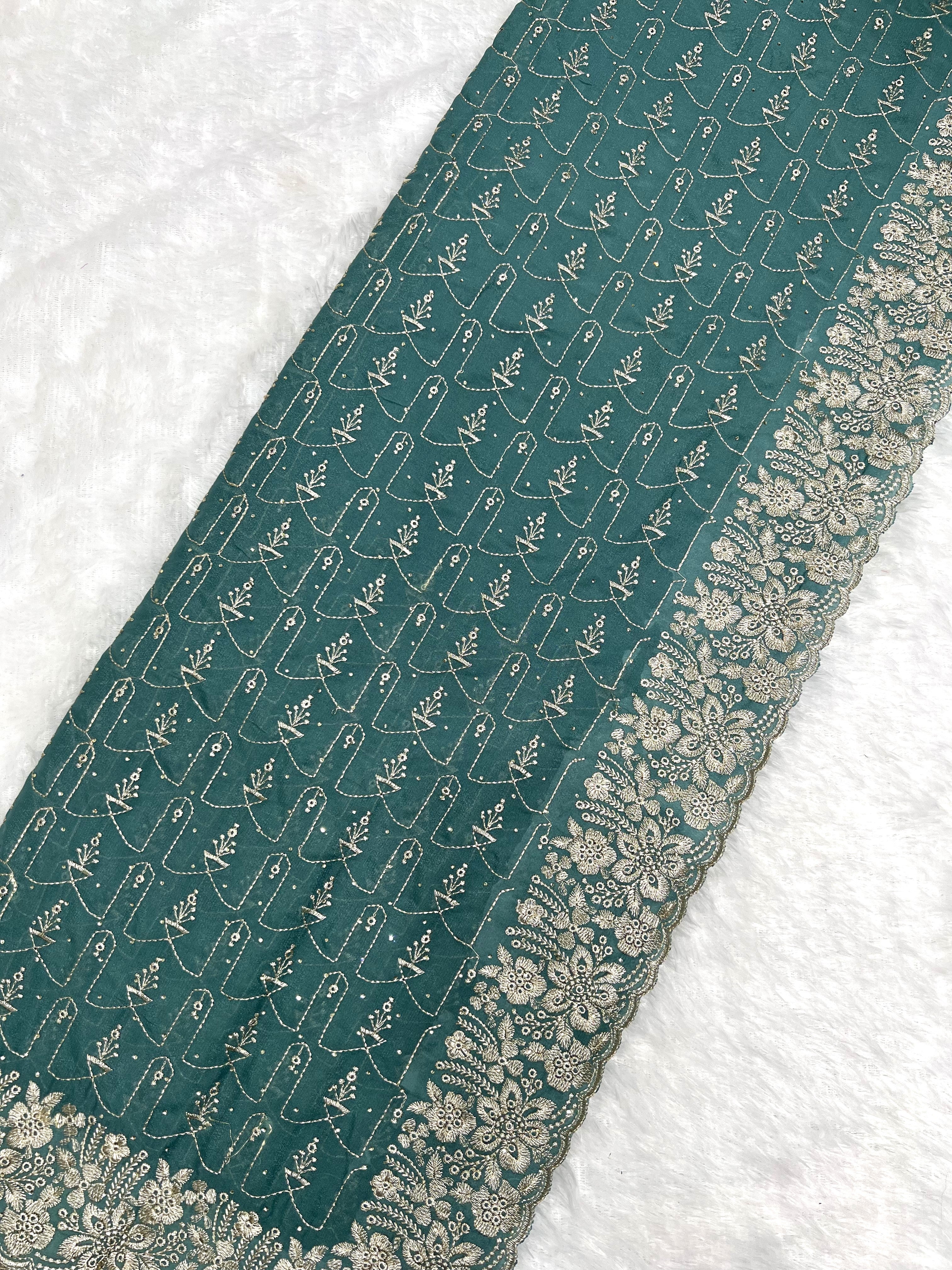 Amolika Designer Soft Silk Saree With Thread Embroidery & Heavy Floral Border (Teal Green | Unstitched Blouse)