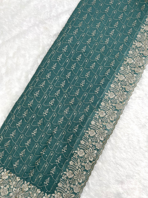 Amolika Designer Soft Silk Saree With Thread Embroidery & Heavy Floral Border (Teal Green | Unstitched Blouse)
