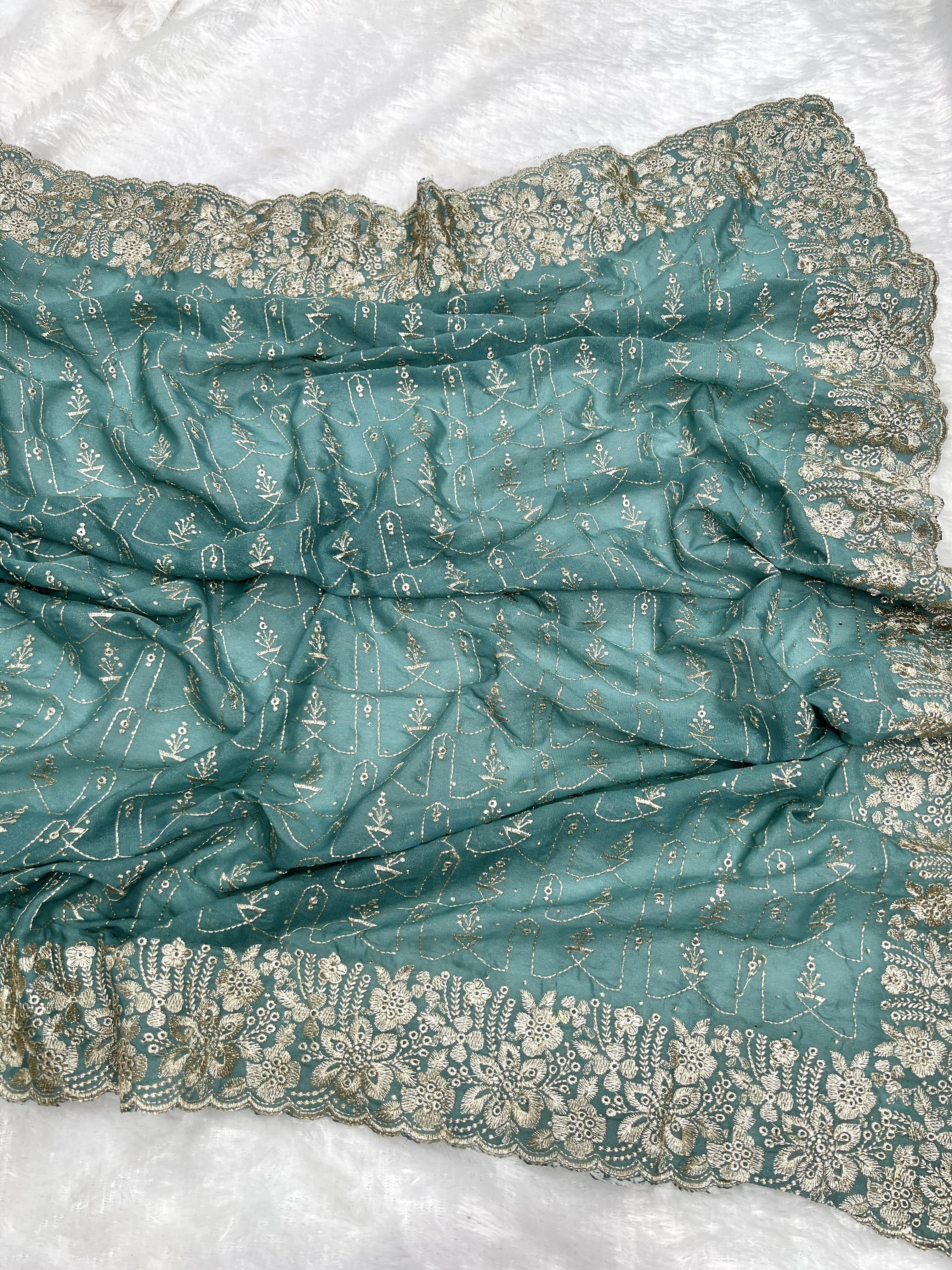 Amolika Designer Soft Silk Saree With Thread Embroidery & Heavy Floral Border (Teal Green | Unstitched Blouse)