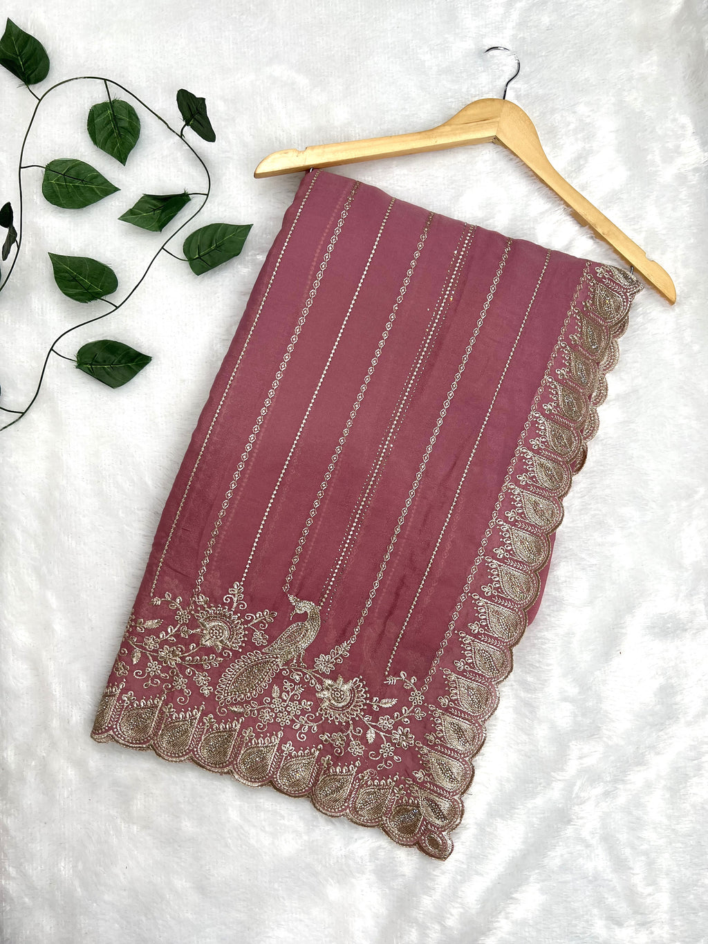Amolika Designer Wine Pink Chiffon Saree With Peacock Embroidery, Zari Border & Unstitched Blouse