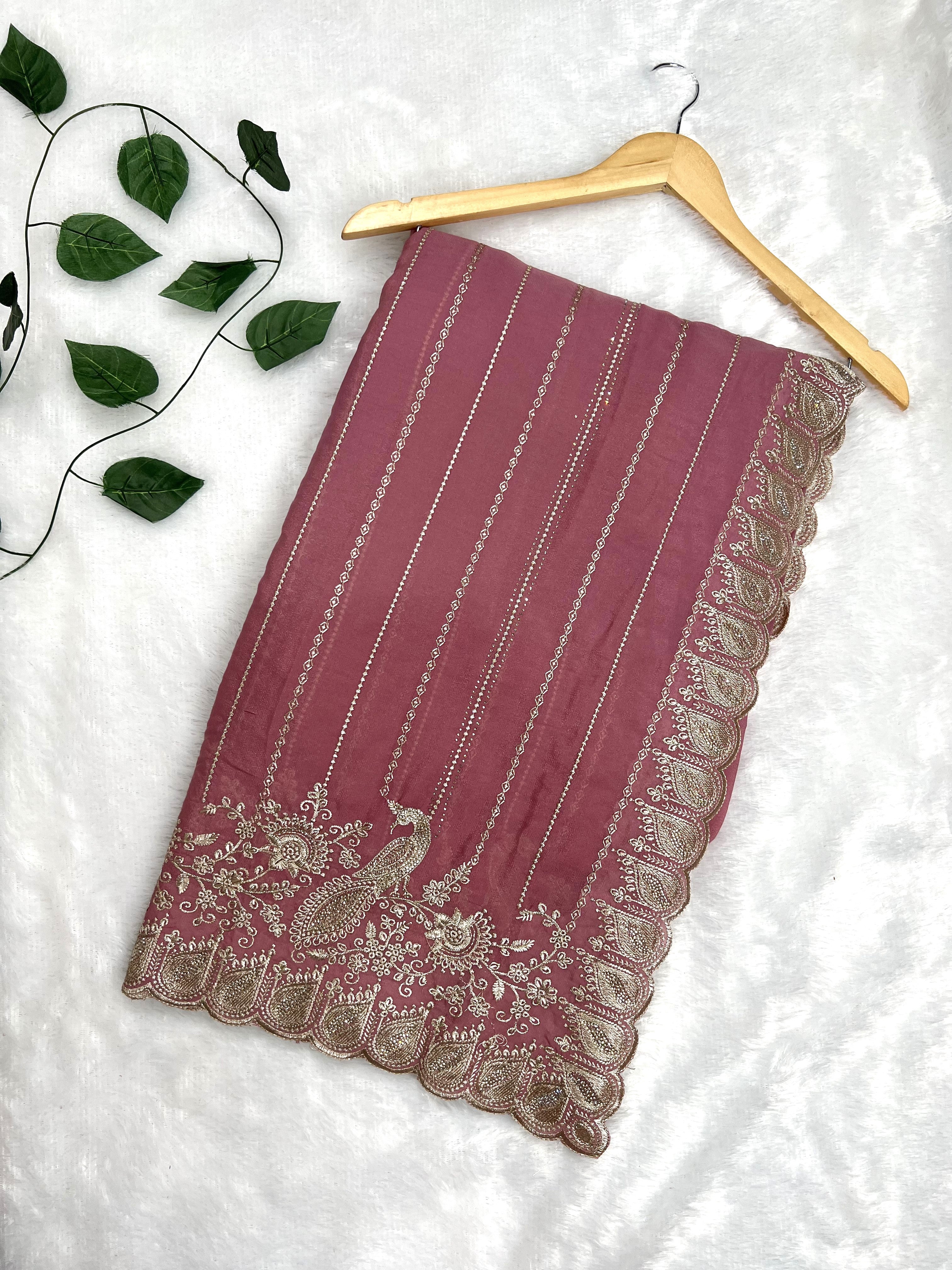 Amolika Designer Wine Pink Chiffon Saree With Peacock Embroidery, Zari Border & Unstitched Blouse