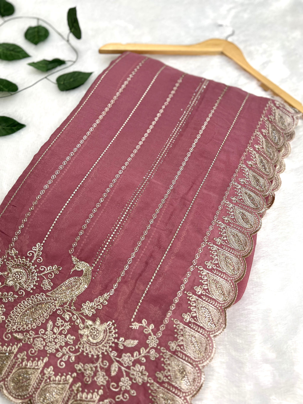 Amolika Designer Wine Pink Chiffon Saree With Peacock Embroidery, Zari Border & Unstitched Blouse