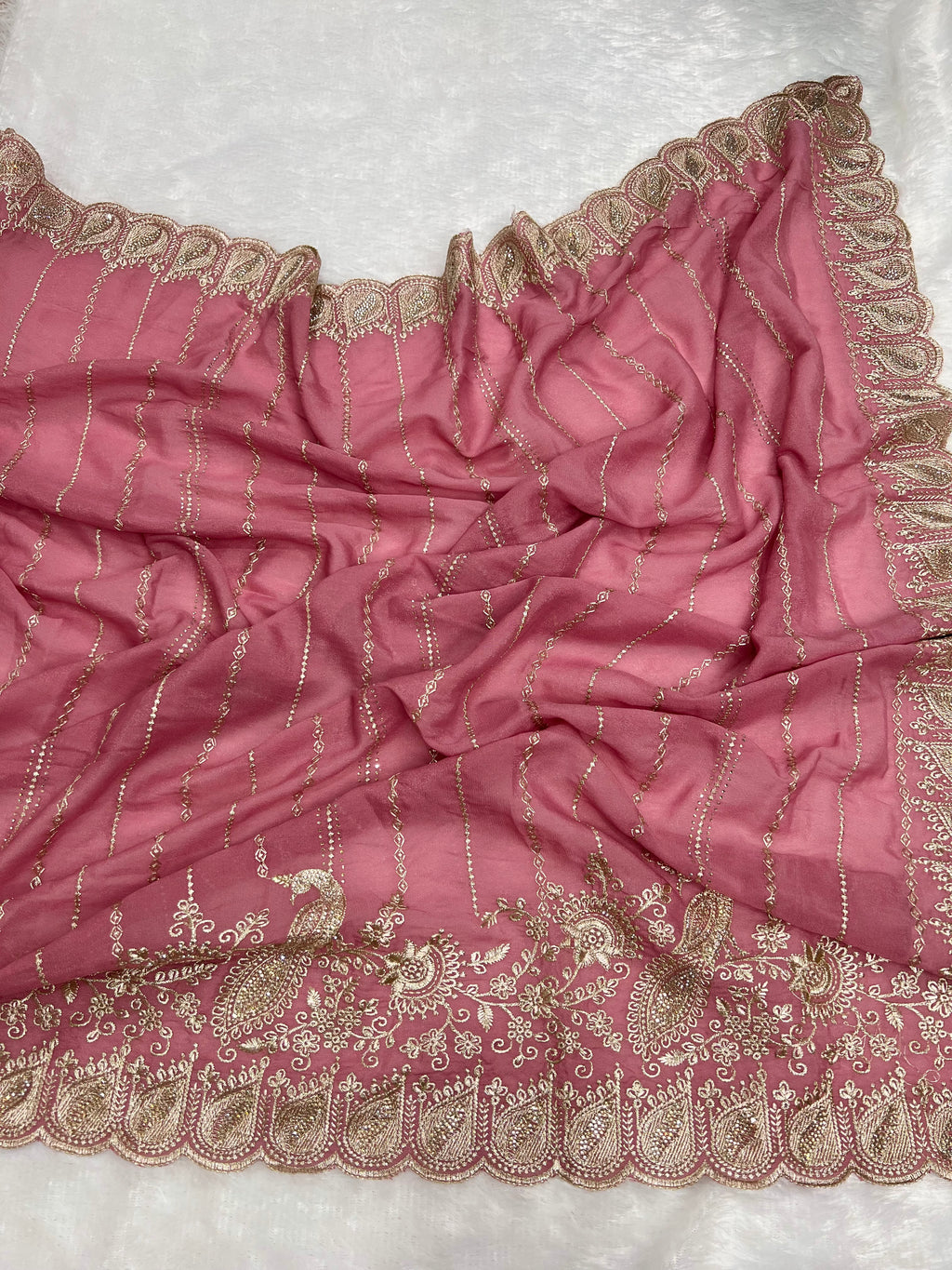 Amolika Designer Wine Pink Chiffon Saree With Peacock Embroidery, Zari Border & Unstitched Blouse