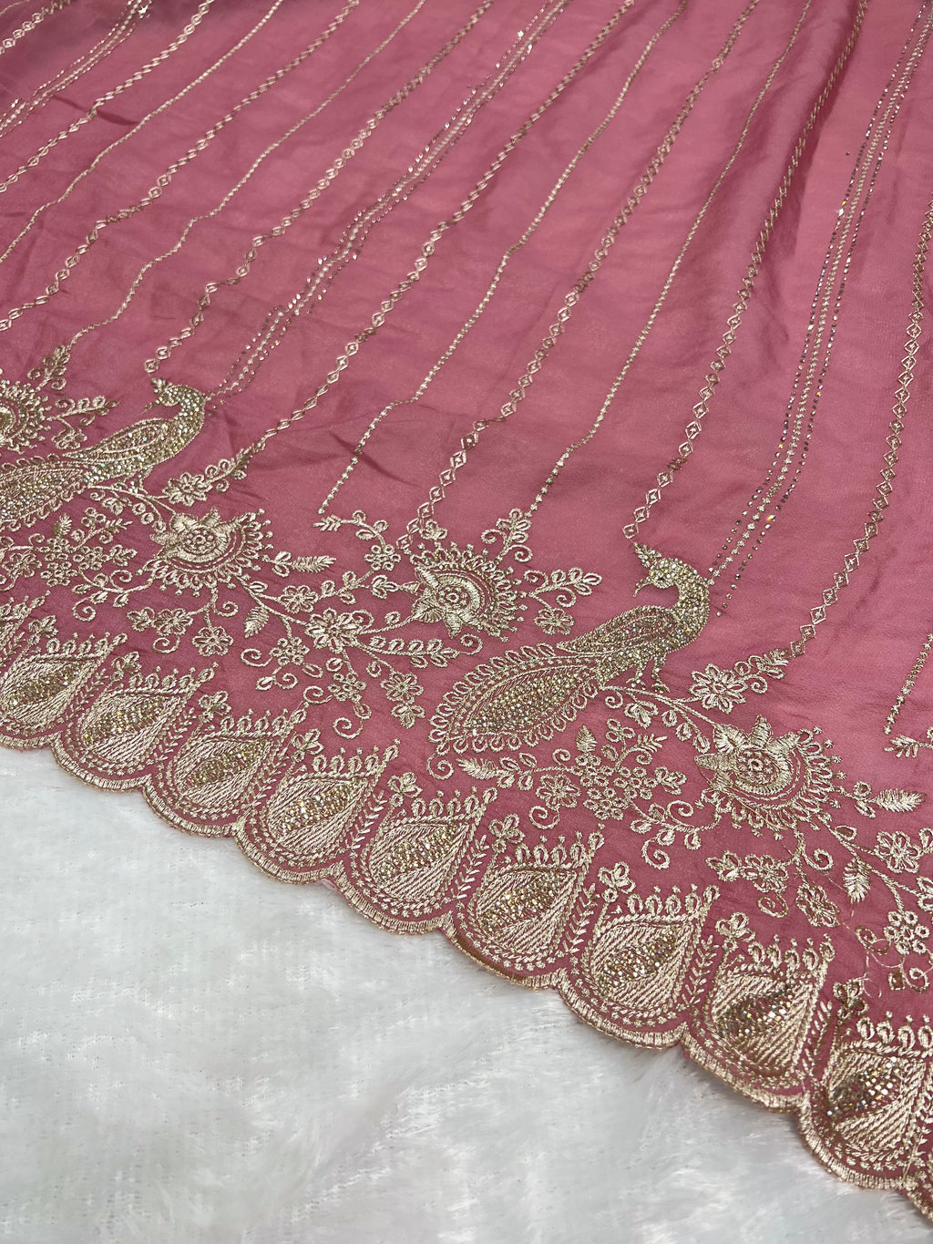 Amolika Designer Wine Pink Chiffon Saree With Peacock Embroidery, Zari Border & Unstitched Blouse