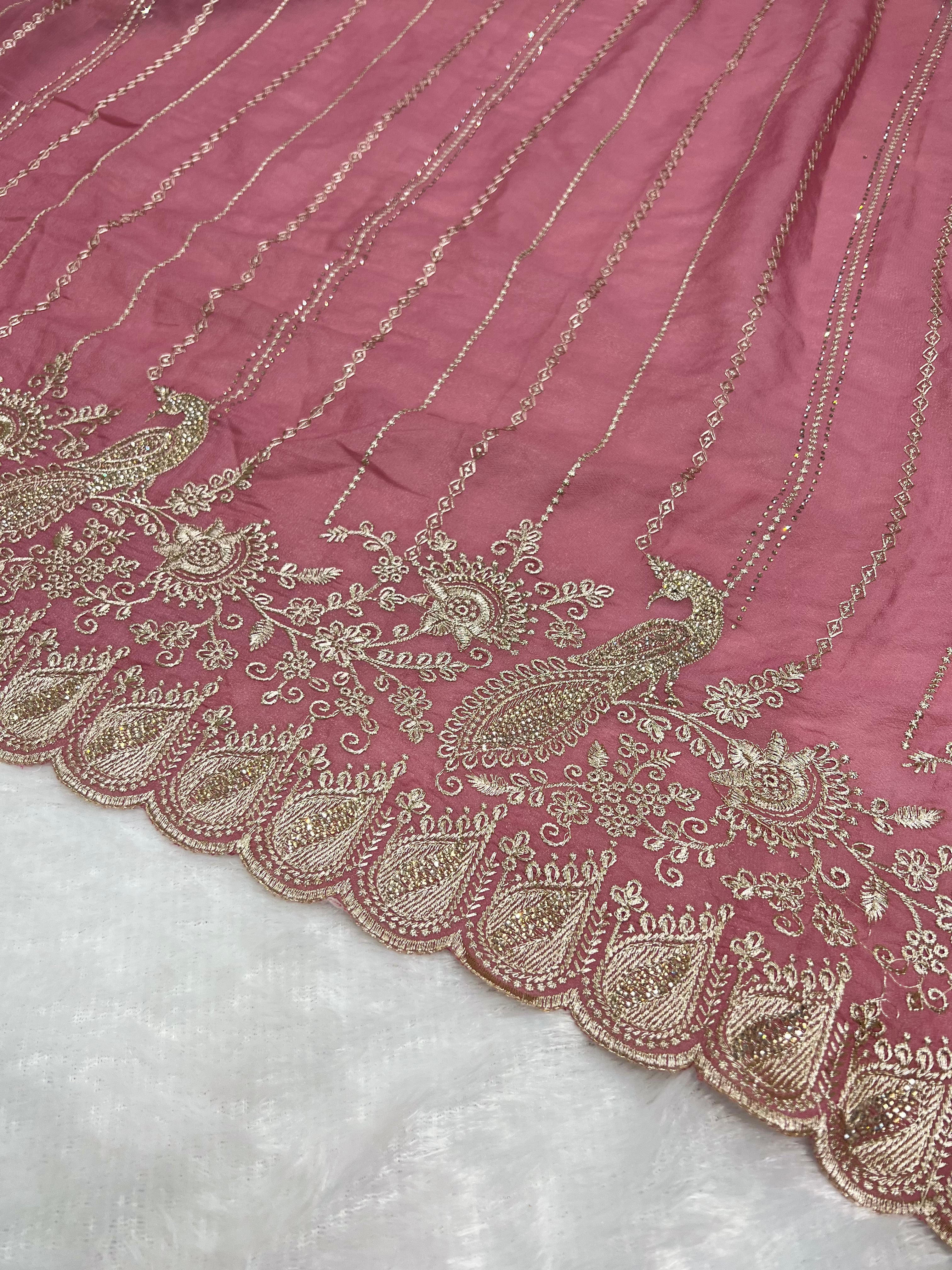 Amolika Designer Wine Pink Chiffon Saree With Peacock Embroidery, Zari Border & Unstitched Blouse
