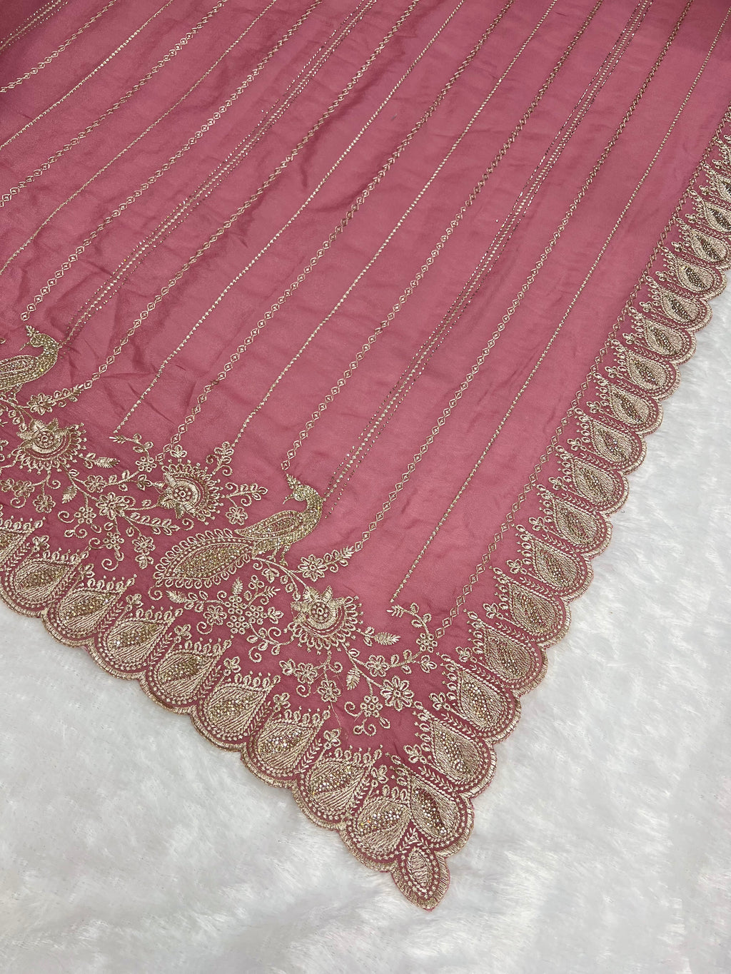 Amolika Designer Wine Pink Chiffon Saree With Peacock Embroidery, Zari Border & Unstitched Blouse