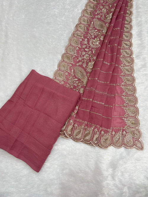 Amolika Designer Wine Pink Chiffon Saree With Peacock Embroidery, Zari Border & Unstitched Blouse