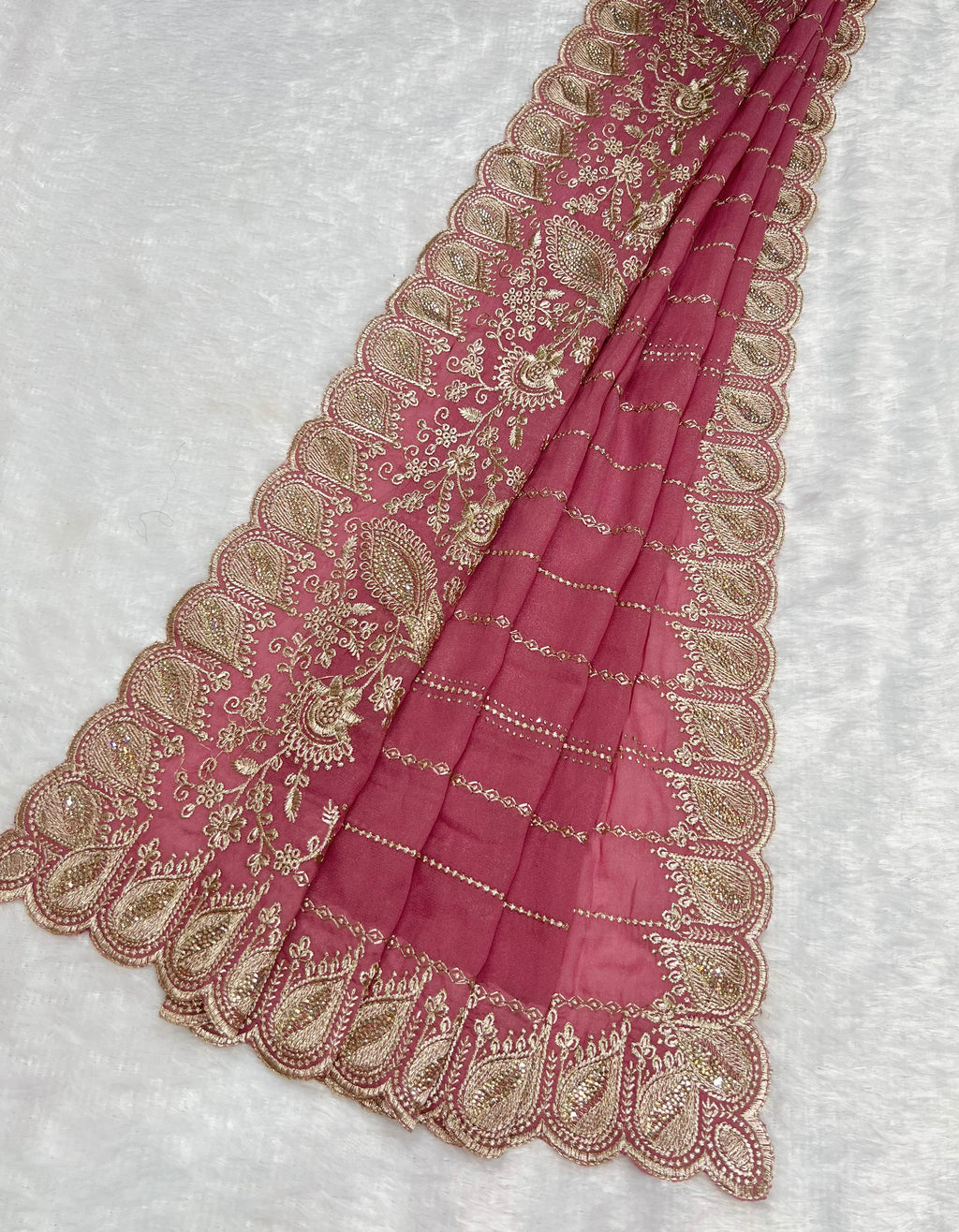 Amolika Designer Wine Pink Chiffon Saree With Peacock Embroidery, Zari Border & Unstitched Blouse